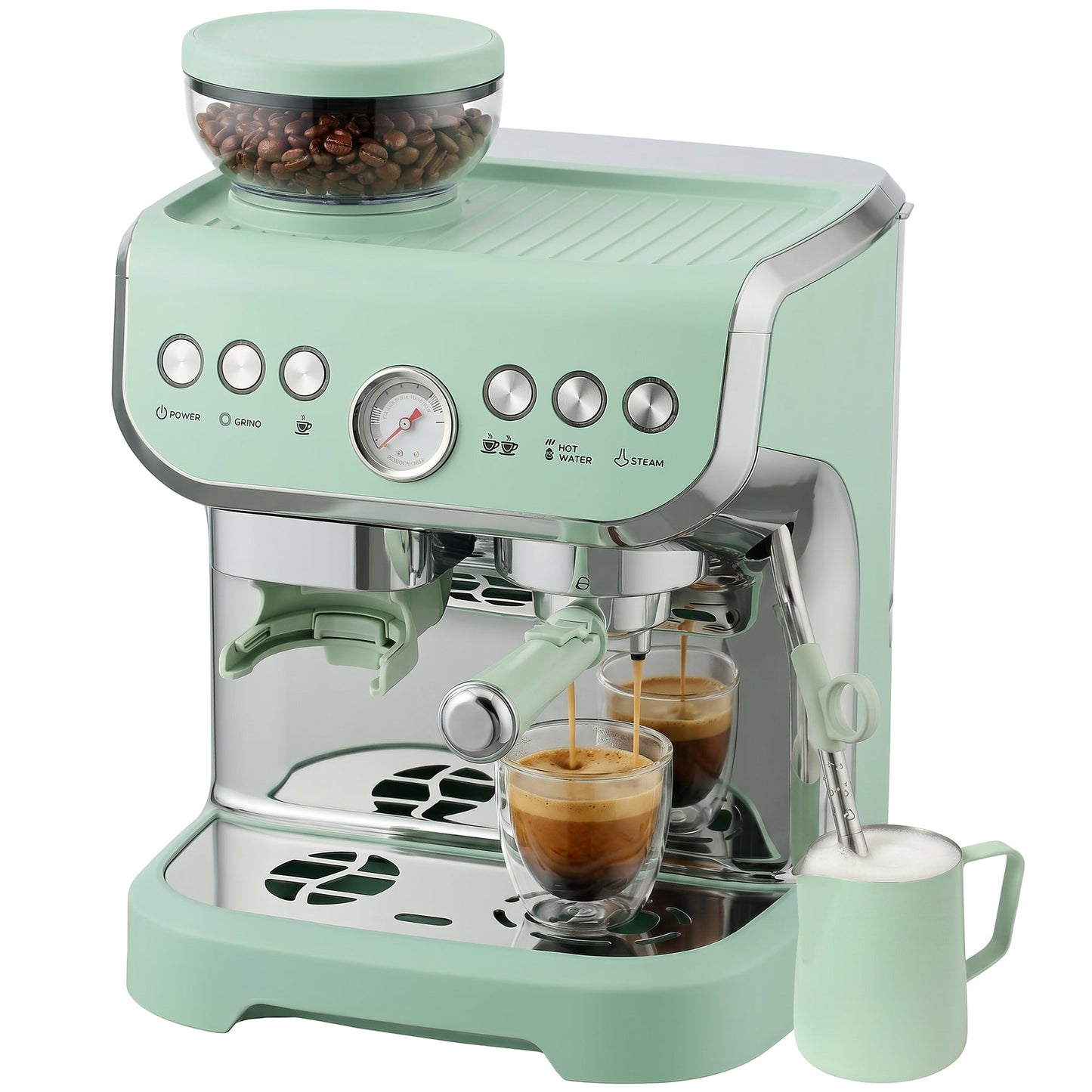Espresso Machine with Integrated Bean Grinder & Steam Wand, Bean to Cup Coffee Machine with 15 Bar Italian Pump, 2L Water Tank, Cappuccino Maker, Stainless Steel, Light Green