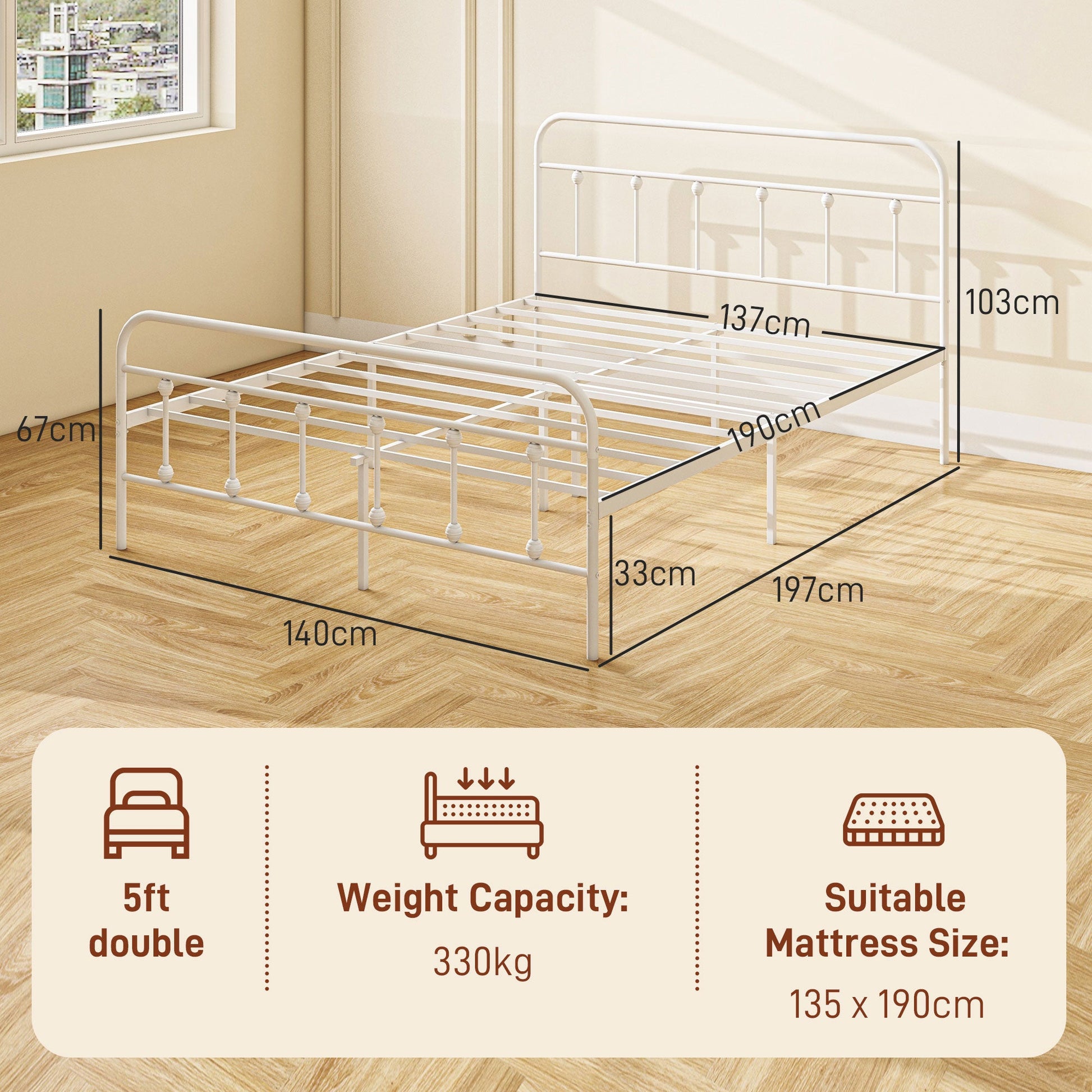HOMCOM 4ft6 Double Bed Frame with Underbed Storage, Metal Platform Bed frame with Tall Headboard, Footboard and Steel Slat Support, No Box Spring Needed, Easy Assembly, White