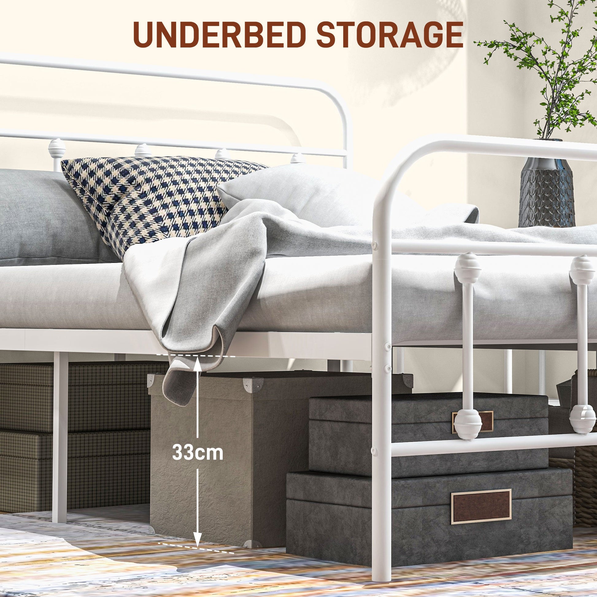 HOMCOM 4ft6 Double Bed Frame with Underbed Storage, Metal Platform Bed frame with Tall Headboard, Footboard and Steel Slat Support, No Box Spring Needed, Easy Assembly, White