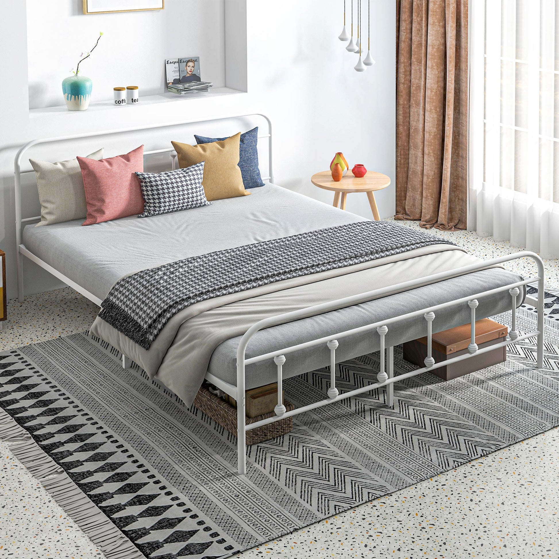 HOMCOM 4ft6 Double Bed Frame with Underbed Storage, Metal Platform Bed frame with Tall Headboard, Footboard and Steel Slat Support, No Box Spring Needed, Easy Assembly, White