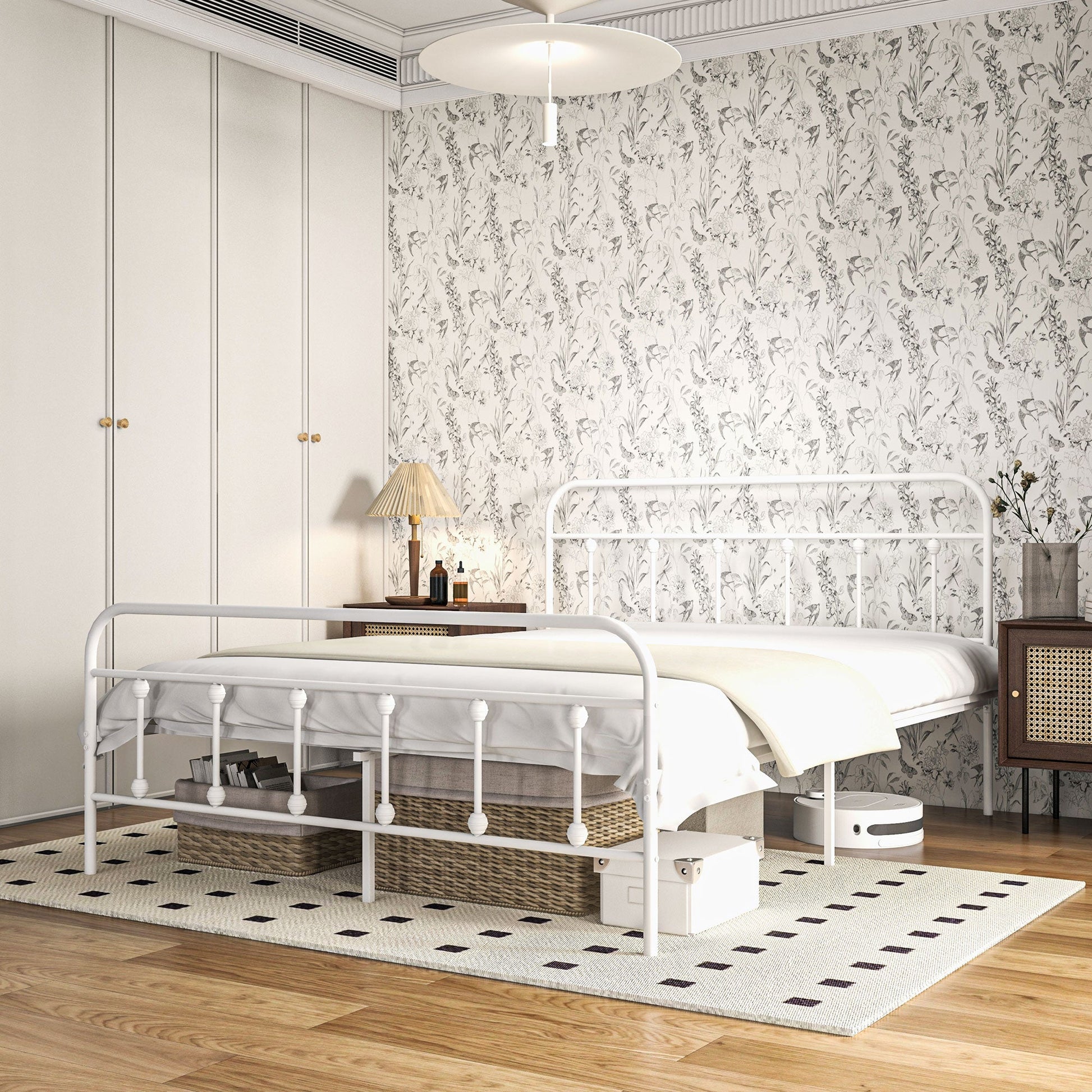 HOMCOM 4ft6 Double Bed Frame with Underbed Storage, Metal Platform Bed frame with Tall Headboard, Footboard and Steel Slat Support, No Box Spring Needed, Easy Assembly, White