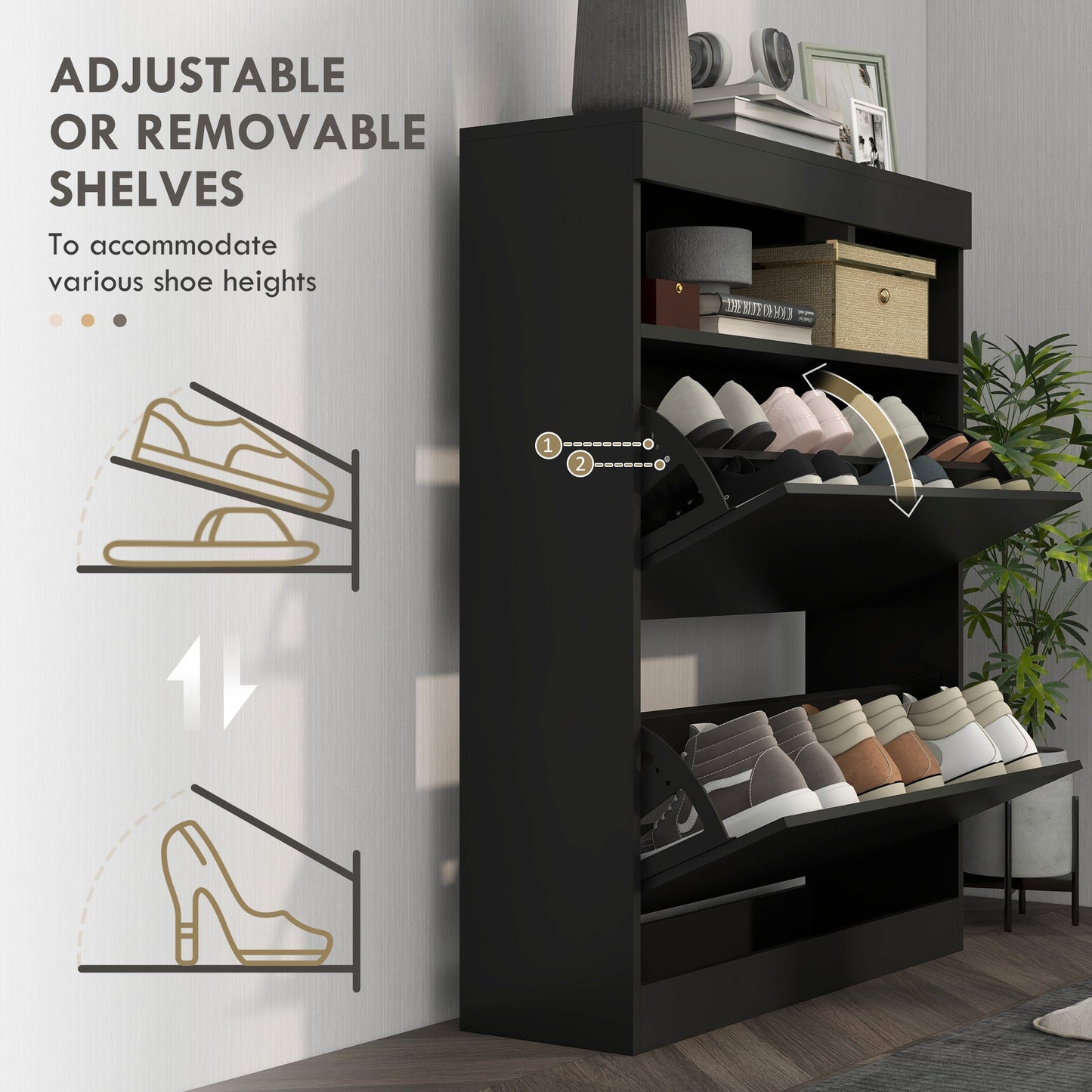 HOMCOM Narrow Shoe Cabinet, Wall Mounted or Freestanding Shoe Storage Cabinet with 2 Flip Drawers and Open Shelf for 12-16 Pairs of Shoes for Entryway, High Gloss Black