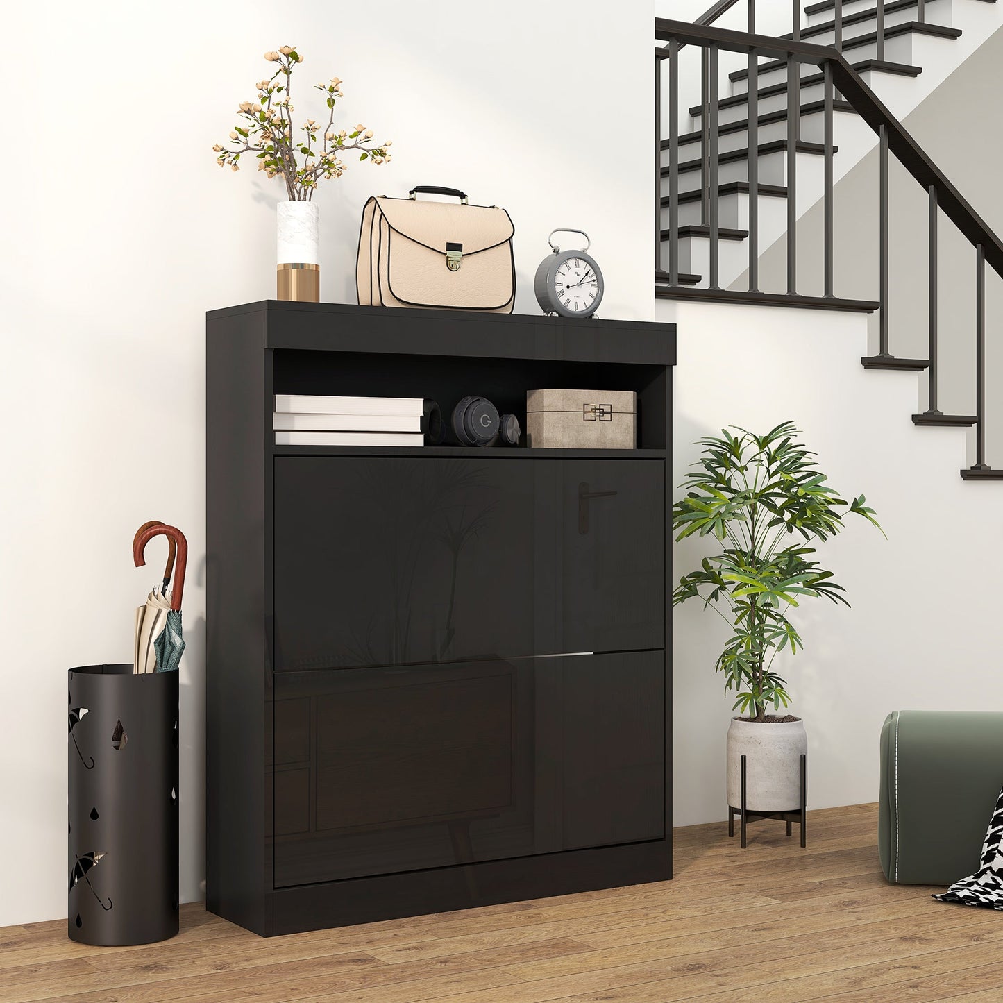 HOMCOM Narrow Shoe Cabinet, Wall Mounted or Freestanding Shoe Storage Cabinet with 2 Flip Drawers and Open Shelf for 12-16 Pairs of Shoes for Entryway, High Gloss Black