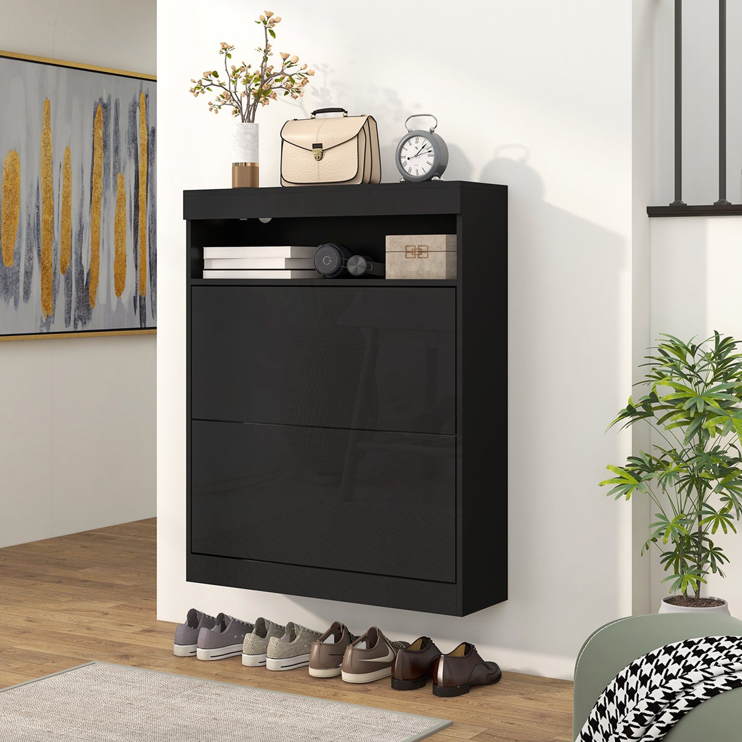 HOMCOM Narrow Shoe Cabinet, Wall Mounted or Freestanding Shoe Storage Cabinet with 2 Flip Drawers and Open Shelf for 12-16 Pairs of Shoes for Entryway, High Gloss Black
