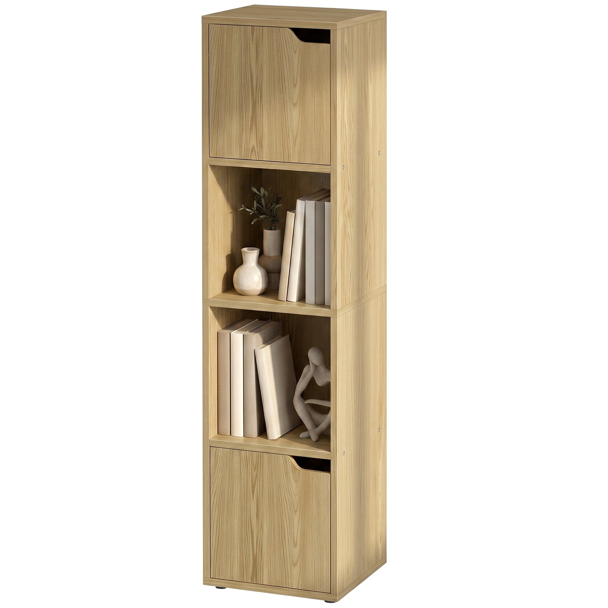 Bookcase with 2 Cabinets and Doors, 4-Tier Bookshelf, Storage Cabinet with Open Shelves and Anti-Tipping Design, for Living Room, Bedroom, Home Office, Oak