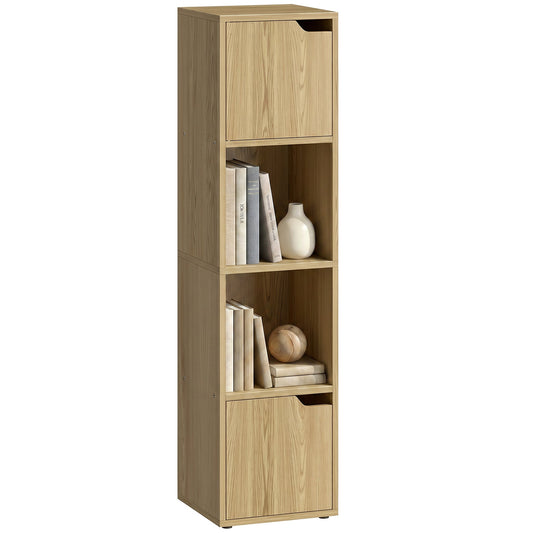 Bookcase with 2 Cabinets and Doors, 4-Tier Bookshelf, Storage Cabinet with Open Shelves and Anti-Tipping Design, for Living Room, Bedroom, Home Office, Oak