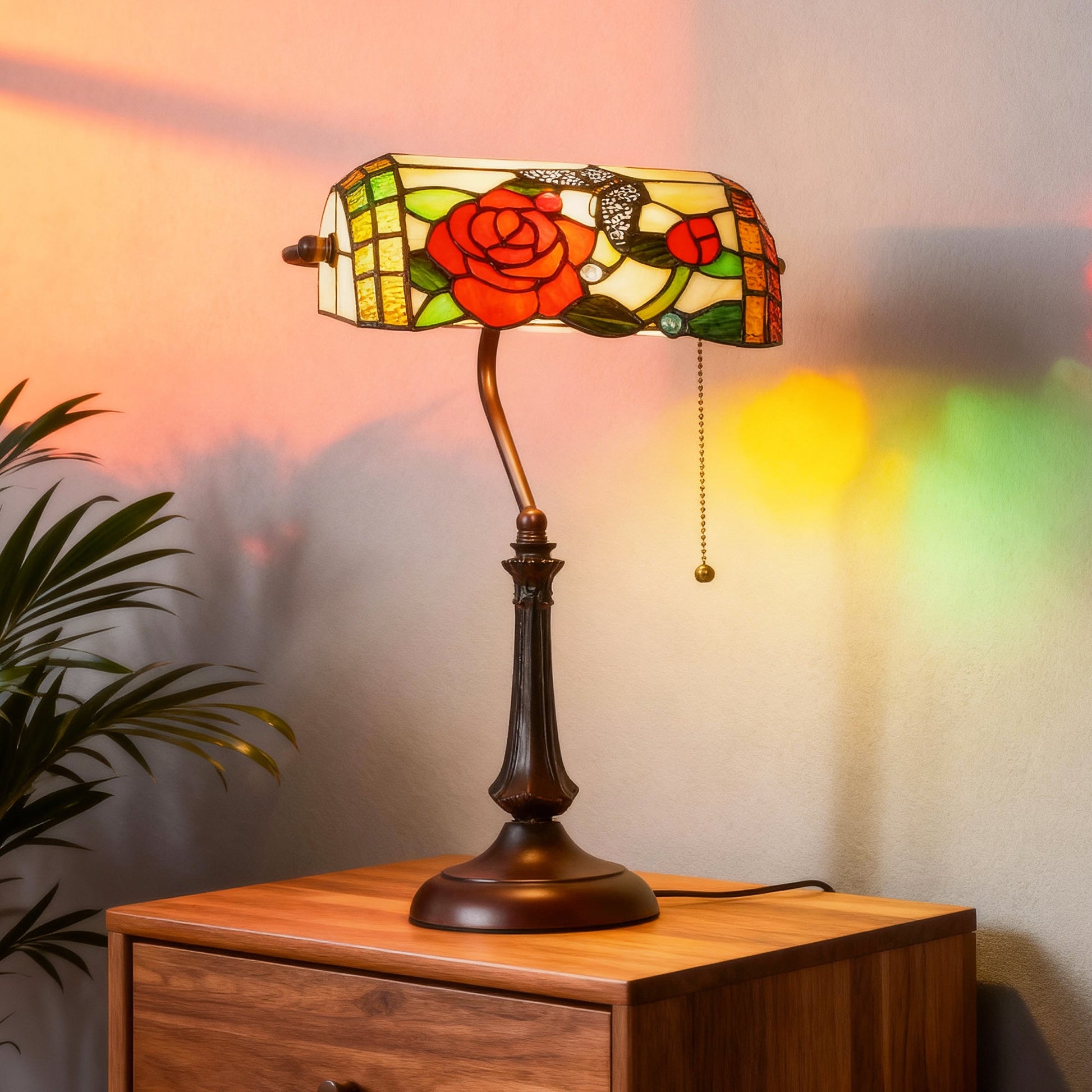 Tiffany-Style Glass Table Lamp with Rose and Butterfly Design, Handcrafted Antique Bedside Lamp with Dual Switch Control for Living Room and Bedroom, E27 Socket, No Assembly Required, Red