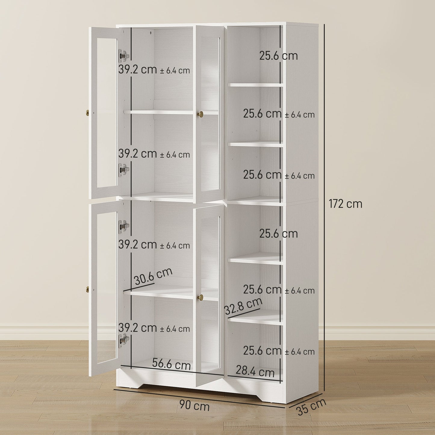 172 cm Tall Kitchen Cupboard, Pantry Storage Cabinet with Tempered Glass Doors and Soft-Close Hinges, Freestanding Kitchen Cabinet with Adjustable Shelves and 6 Open Shelves, White