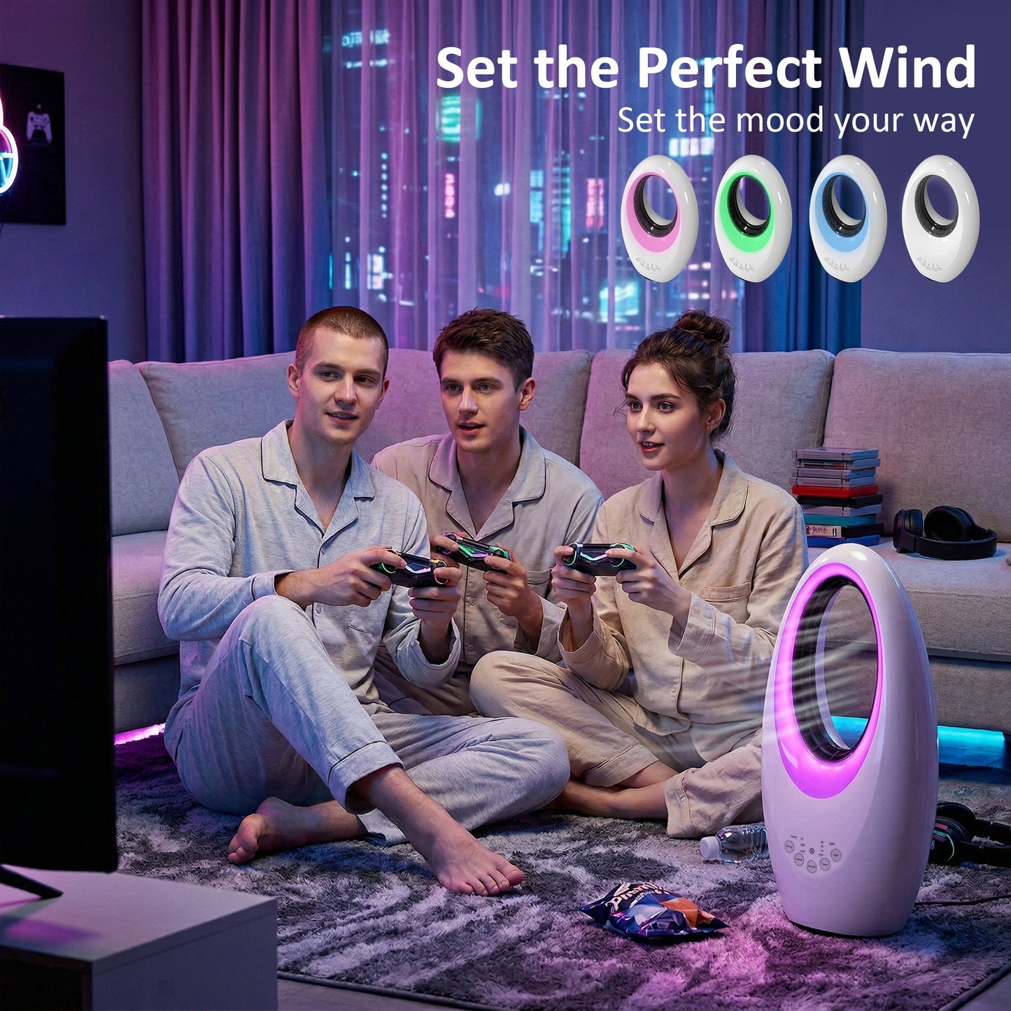 Bladeless Tower Fan for Bedroom, 36dB Standing Cooling Fan with 60° Oscillating, LED Lights, 3 Speeds, 7.5H Timer, Remote Control, White