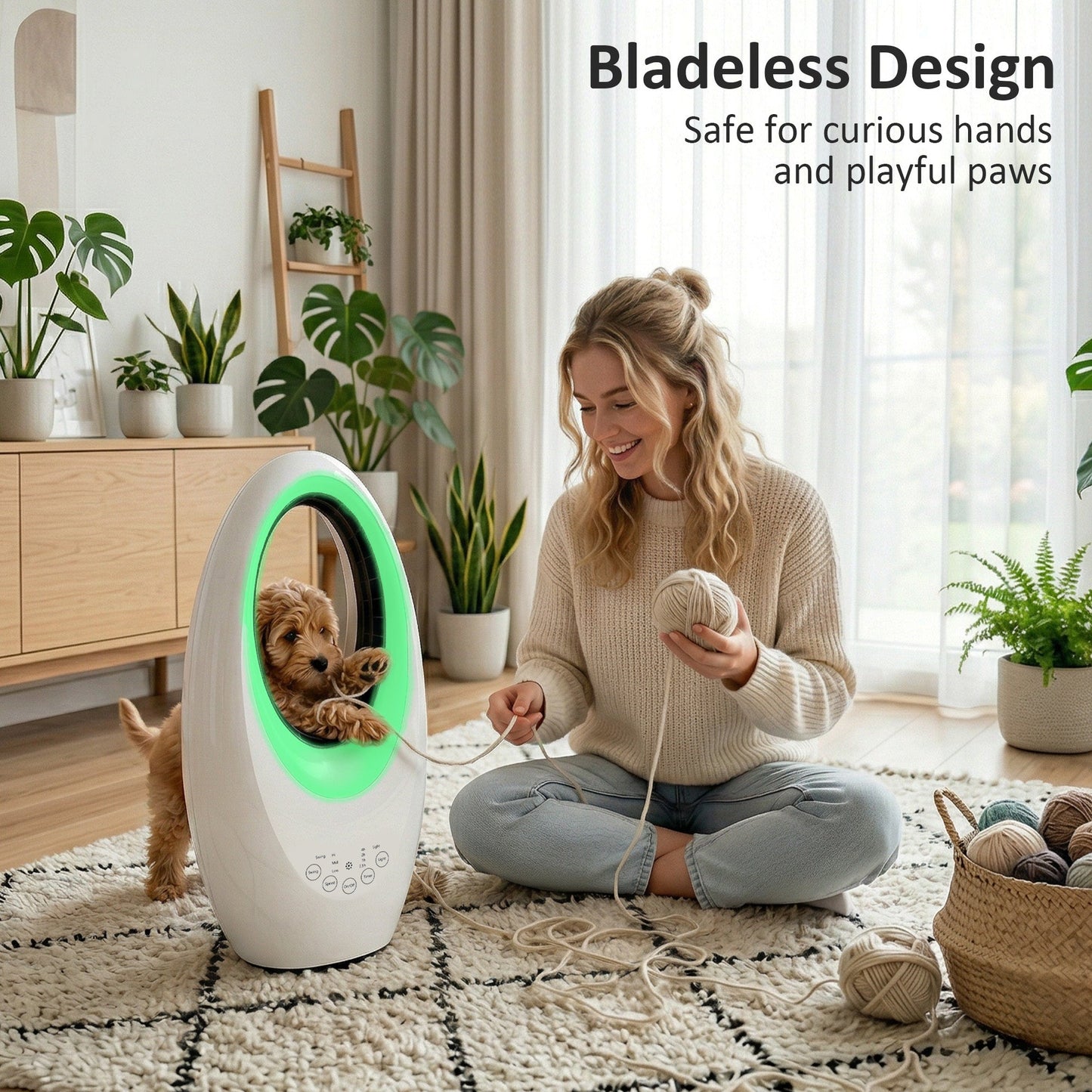 Bladeless Tower Fan for Bedroom, 36dB Standing Cooling Fan with 60° Oscillating, LED Lights, 3 Speeds, 7.5H Timer, Remote Control, White