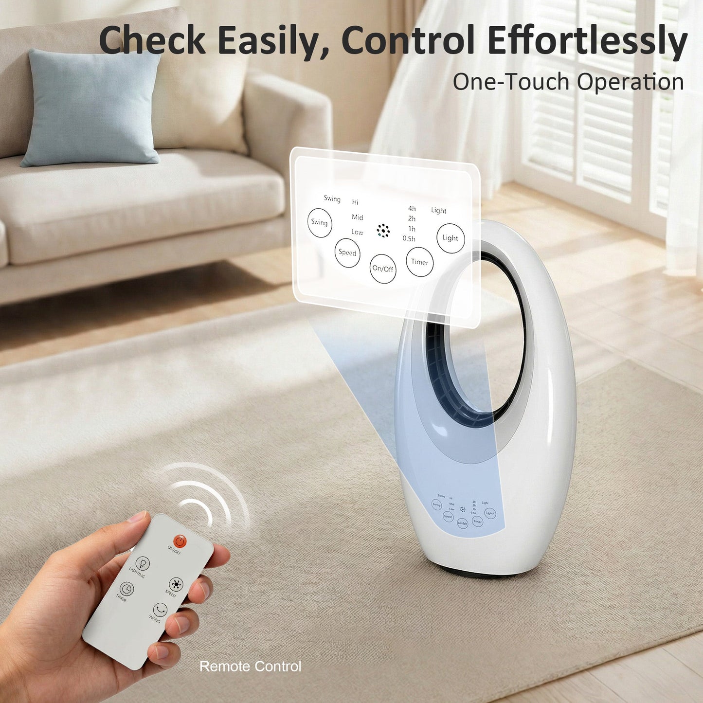 Bladeless Tower Fan for Bedroom, 36dB Standing Cooling Fan with 60° Oscillating, LED Lights, 3 Speeds, 7.5H Timer, Remote Control, White