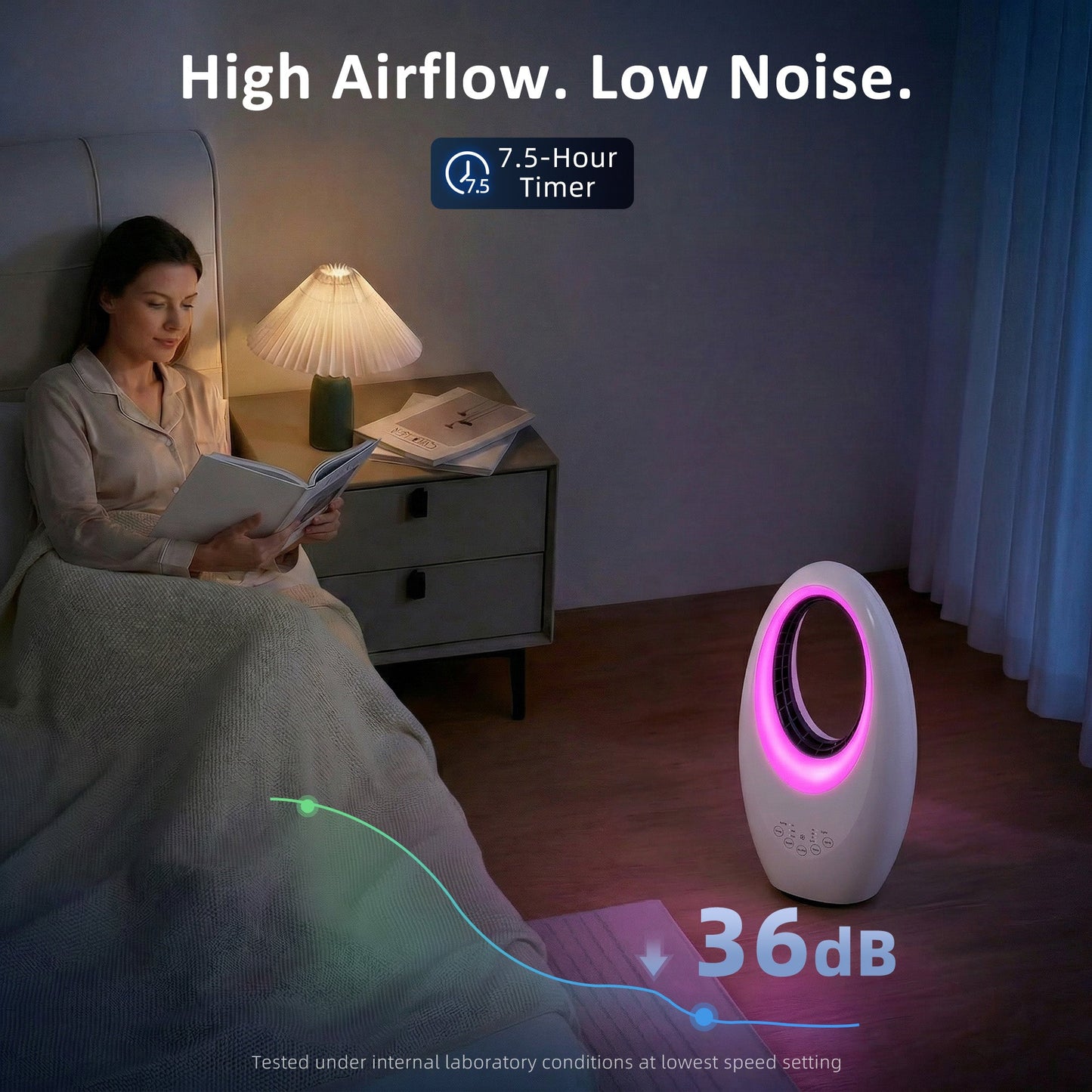 Bladeless Tower Fan for Bedroom, 36dB Standing Cooling Fan with 60° Oscillating, LED Lights, 3 Speeds, 7.5H Timer, Remote Control, White