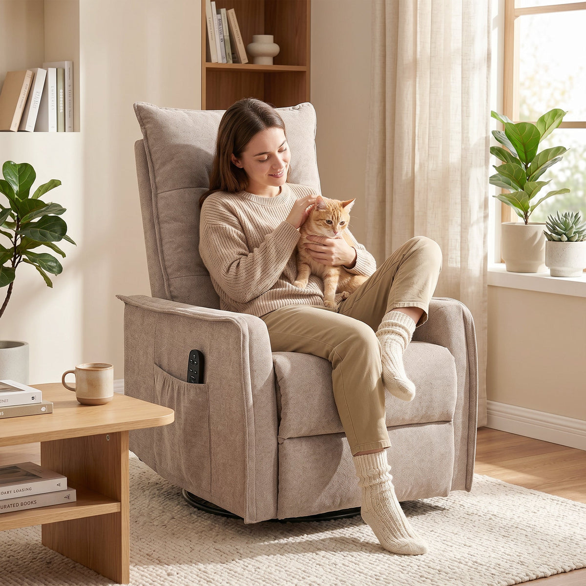 Recliner Armchair, Chenille Recliner Chair with Massage and Heat, 360° Swivel Rocking Manual Reclining Chair with Side Pockets for Living Room, Brown