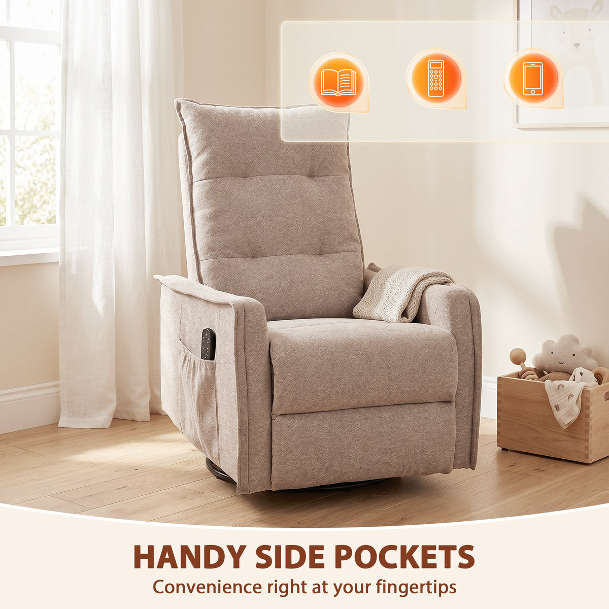 Recliner Armchair, Chenille Recliner Chair with Massage and Heat, 360° Swivel Rocking Manual Reclining Chair with Side Pockets for Living Room, Brown