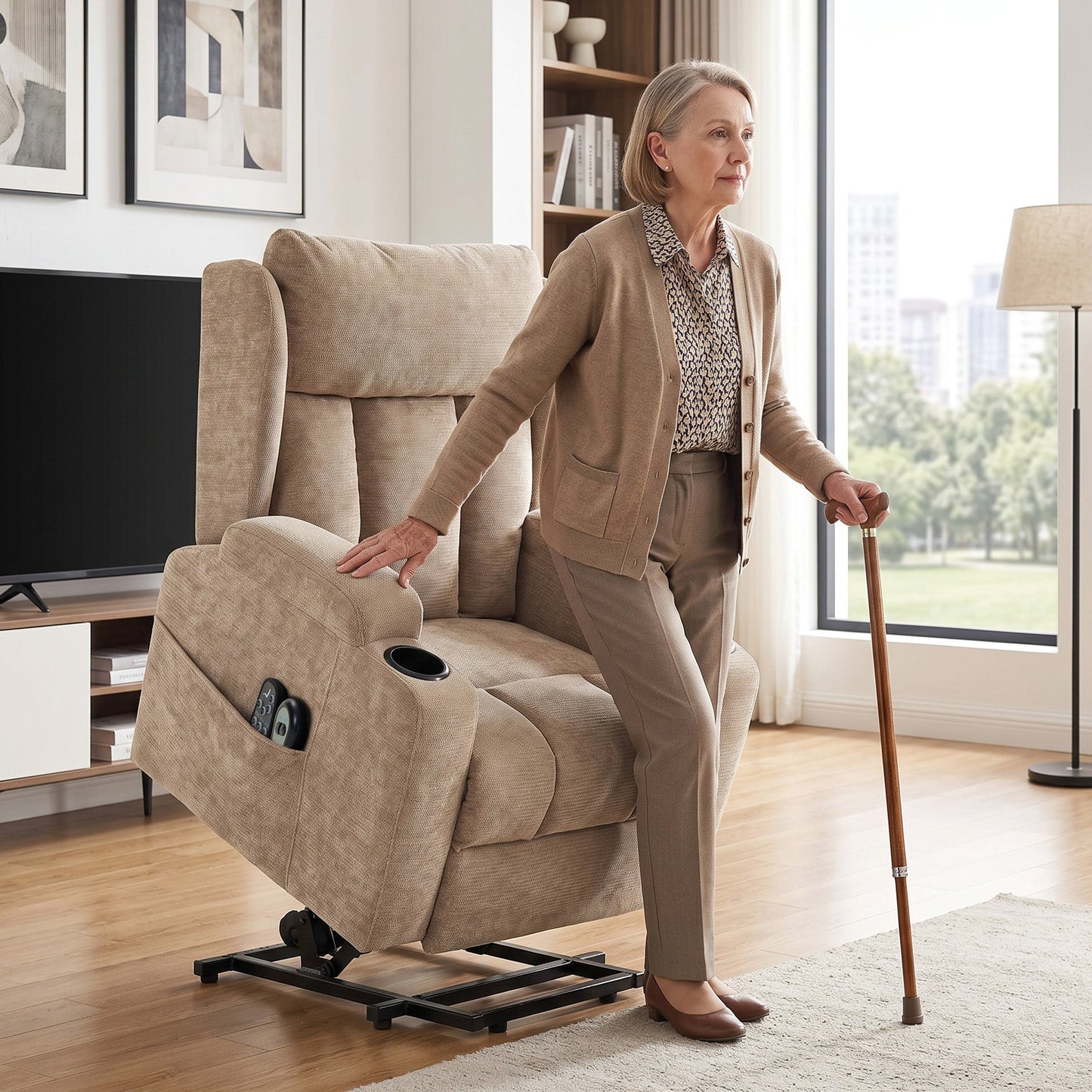Power Lift Recliner Chair with Vibration Massage and Heat, Chenille Riser and Recliner Armchair for Elderly with Folding Headrest, Spring Cushion, Wide and High Back, Cup Holders, Remote, Brown