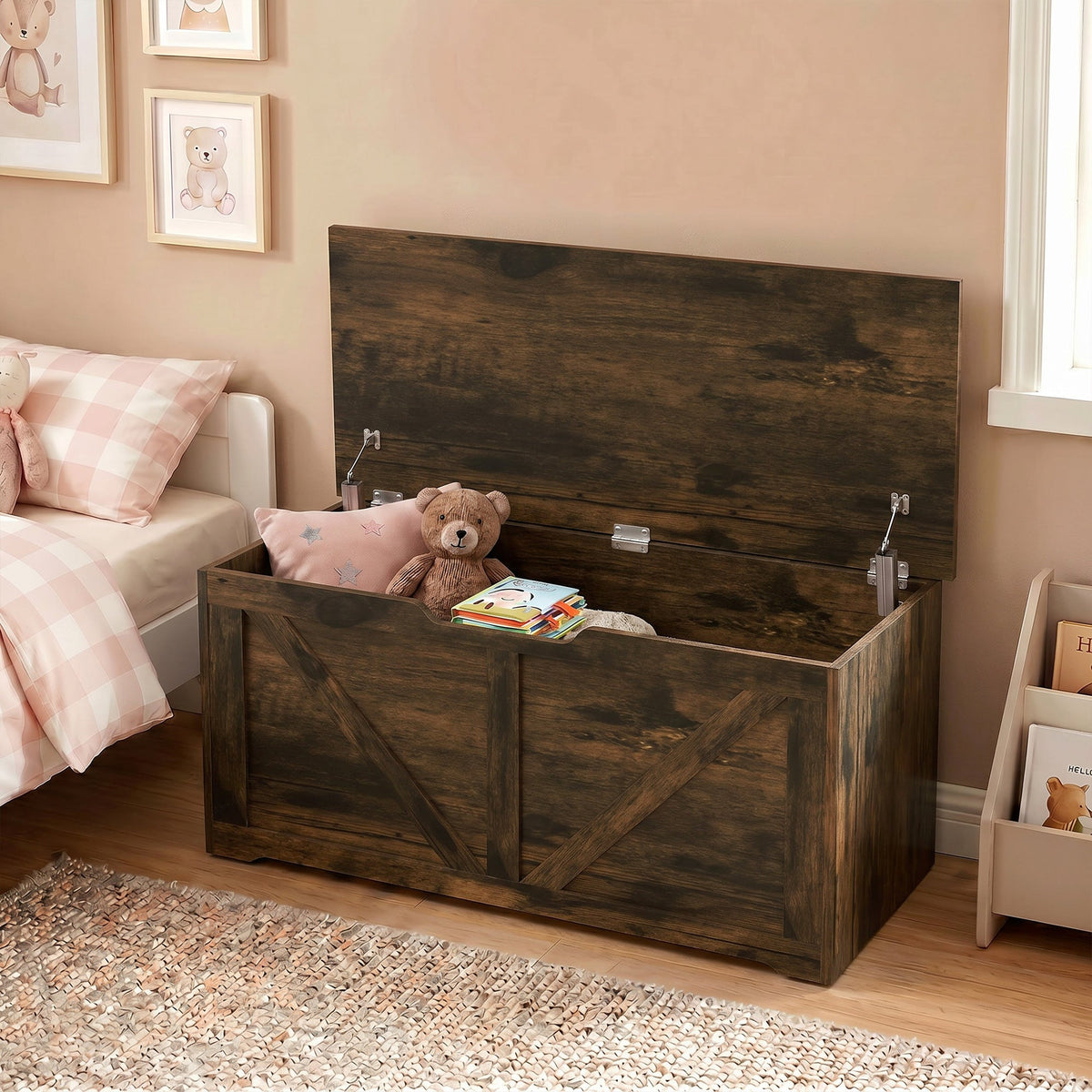 127L Storage Chest, Shoe Storage Trunk Bench Box with 2 Safety Hinges and U-shaped Cut-out Pull, Blanket Box Ottoman for Bedroom, Living Room, Entryway, 100 x 40 x 45 cm, Rustic Brown