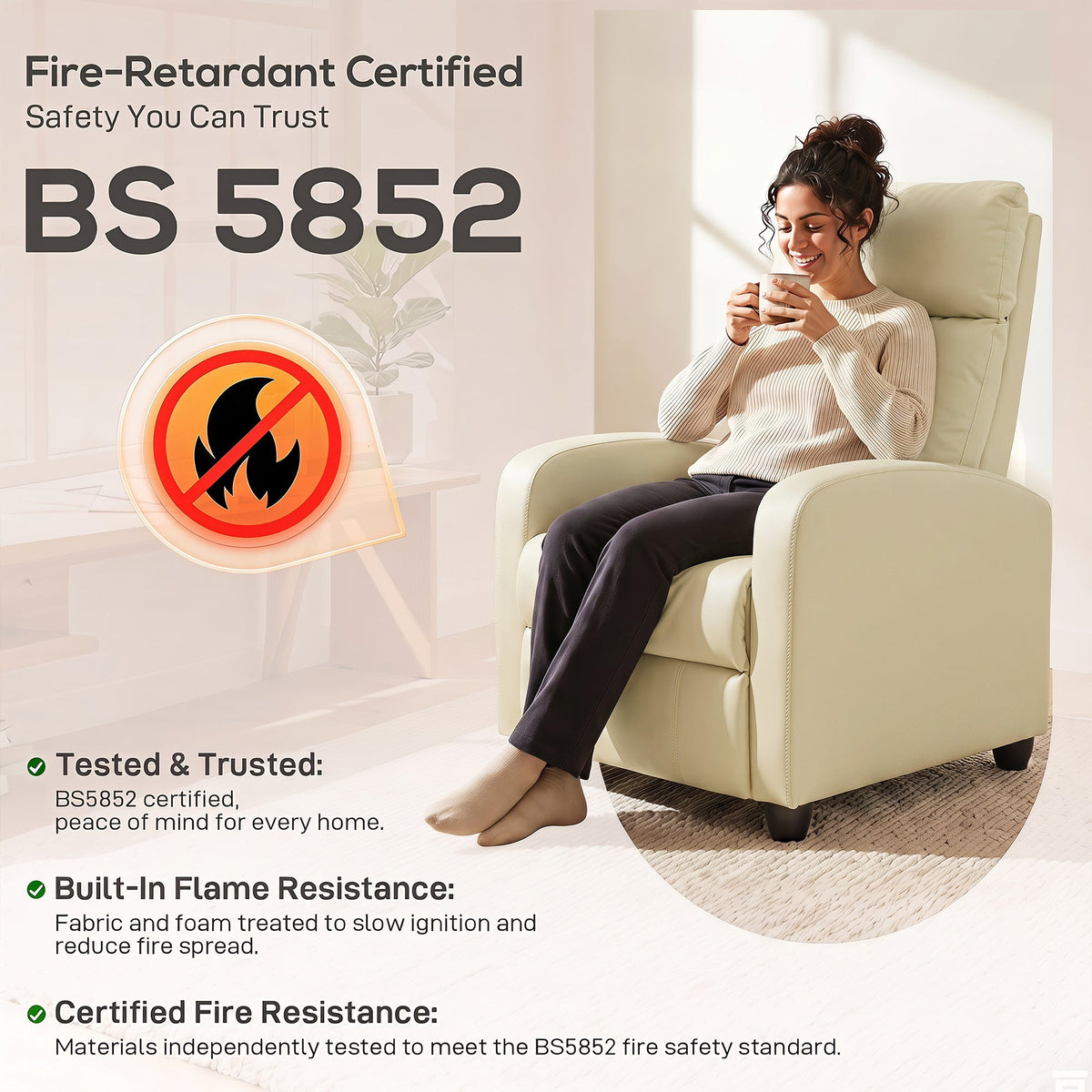Recliner Armchair, Massage Faux Leather Push Back Reclining Chair with Adjustable Leg Rest, Side Pocket, for Home Living Room Theatre, Cream White