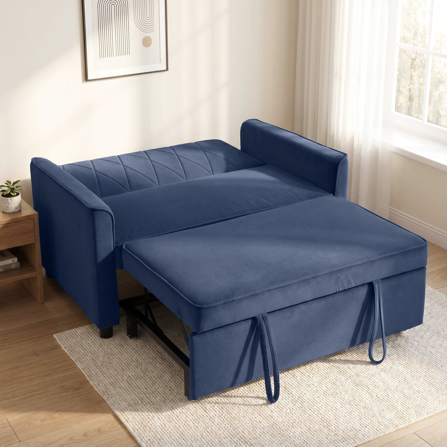 2 Seater Sofa Bed, 3-in-1 Convertible Pull Out Sleeper Sofa, Velvet Loveseat Bed Settee with Clik-Clack Adjustable Backrest, High-Density Foam for Living Room, Bedroom, Guest Room, Dark Blue