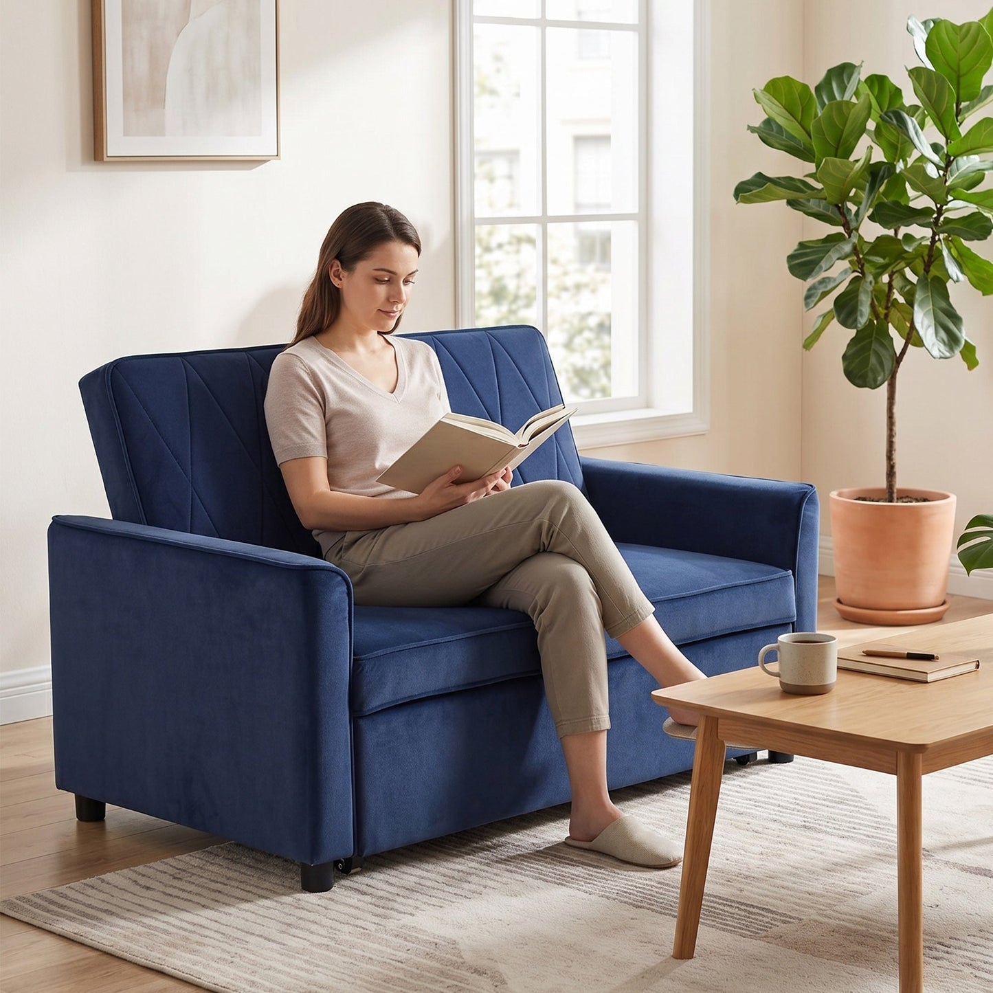 2 Seater Sofa Bed, 3-in-1 Convertible Pull Out Sleeper Sofa, Velvet Loveseat Bed Settee with Clik-Clack Adjustable Backrest, High-Density Foam for Living Room, Bedroom, Guest Room, Dark Blue