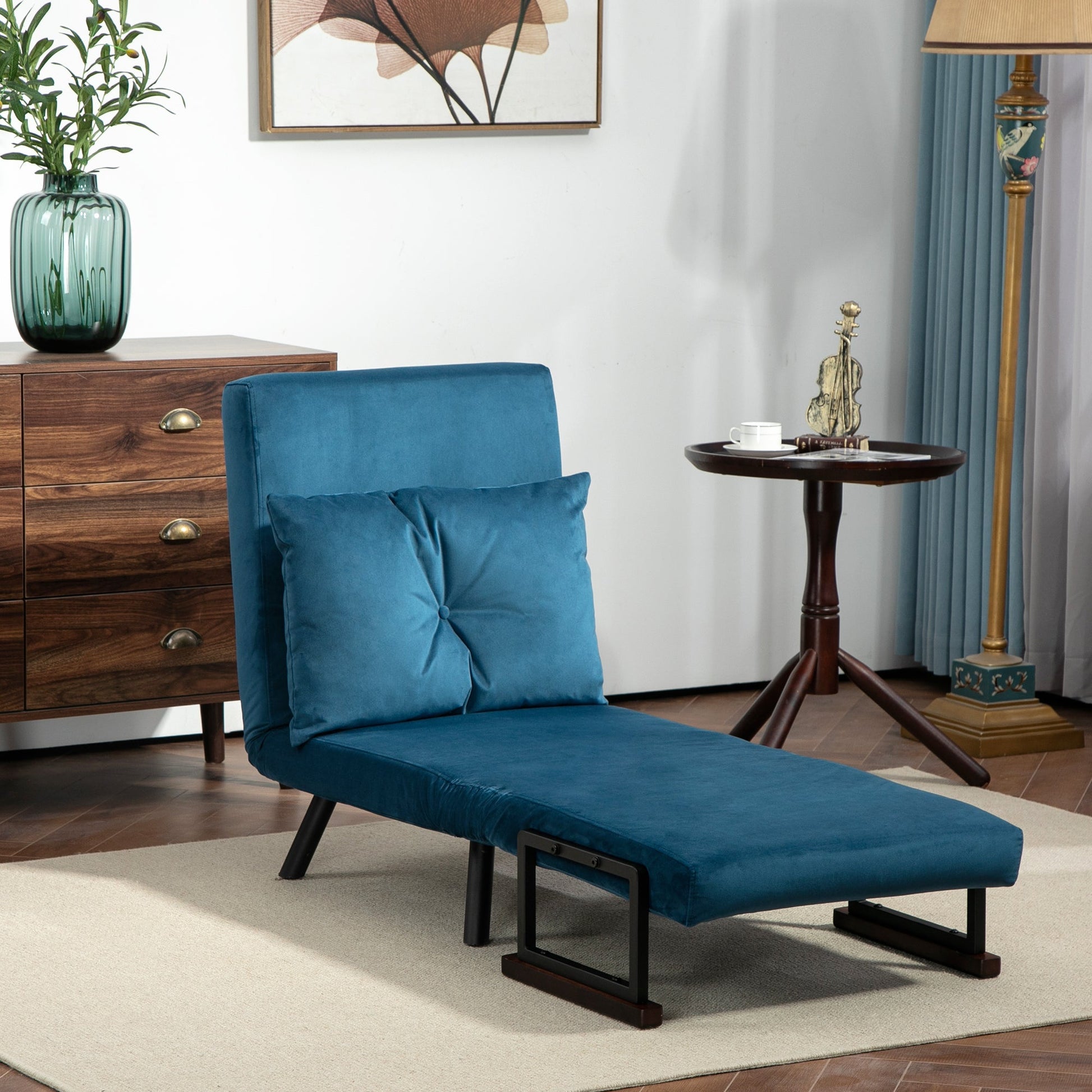 HOMCOM Single Chair Bed, Click Clack Convertible Bed Settee, Modern Velvet Feel Fabric Chair Couch with 1 Tufted Cushion, Wood Armrests, for Living Room, Bedroom, Guest Room, Navy Blue