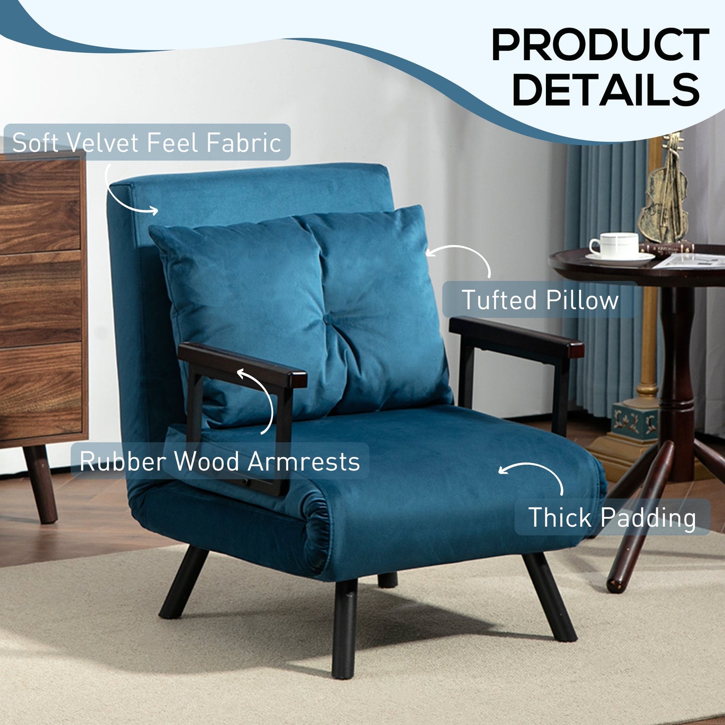 HOMCOM Single Chair Bed, Click Clack Convertible Bed Settee, Modern Velvet Feel Fabric Chair Couch with 1 Tufted Cushion, Wood Armrests, for Living Room, Bedroom, Guest Room, Navy Blue