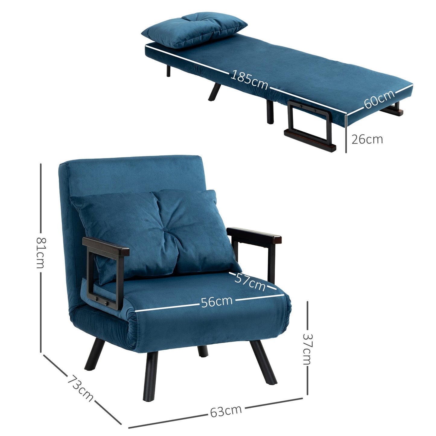 HOMCOM Single Chair Bed, Click Clack Convertible Bed Settee, Modern Velvet Feel Fabric Chair Couch with 1 Tufted Cushion, Wood Armrests, for Living Room, Bedroom, Guest Room, Navy Blue