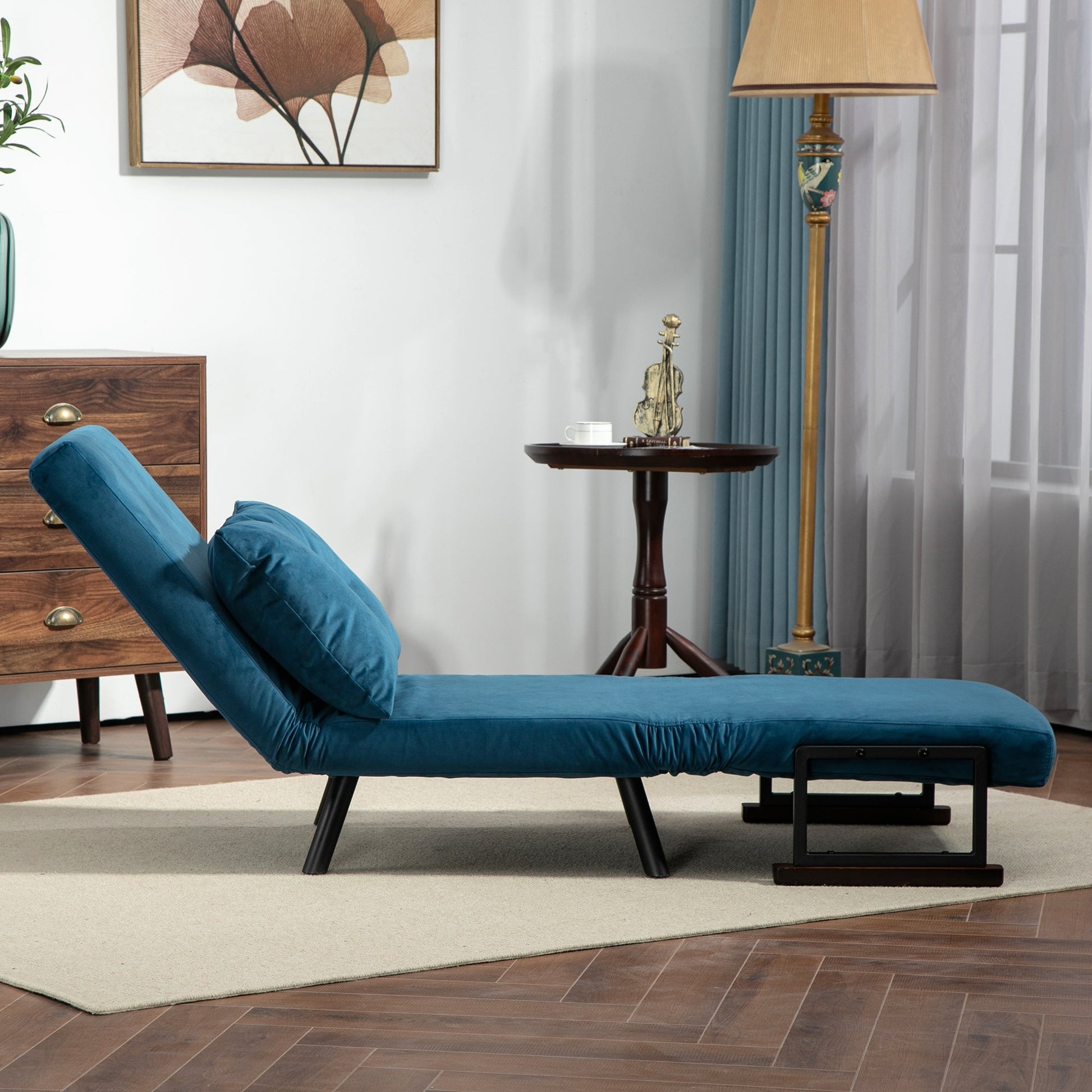 HOMCOM Single Chair Bed, Click Clack Convertible Bed Settee, Modern Velvet Feel Fabric Chair Couch with 1 Tufted Cushion, Wood Armrests, for Living Room, Bedroom, Guest Room, Navy Blue