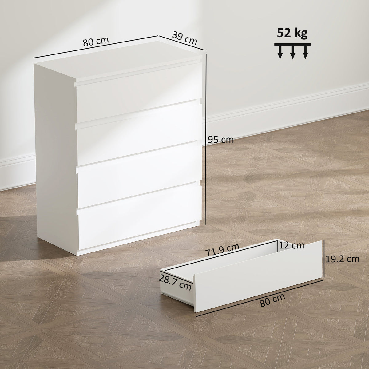 Chest of Drawers, 4-Drawer Storage Organiser Unit for Bedroom, Living Room, 80 x 39 x 95cm, White