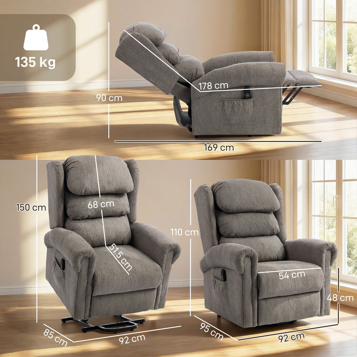 Power Lift Recliner Chair for Elderly, Velvet-Feel Electric Riser and Recliner Armchair for Living Room with USB Charging Port, Remote Control, 2 Side Pockets, Thick Padded Back, Dark Grey