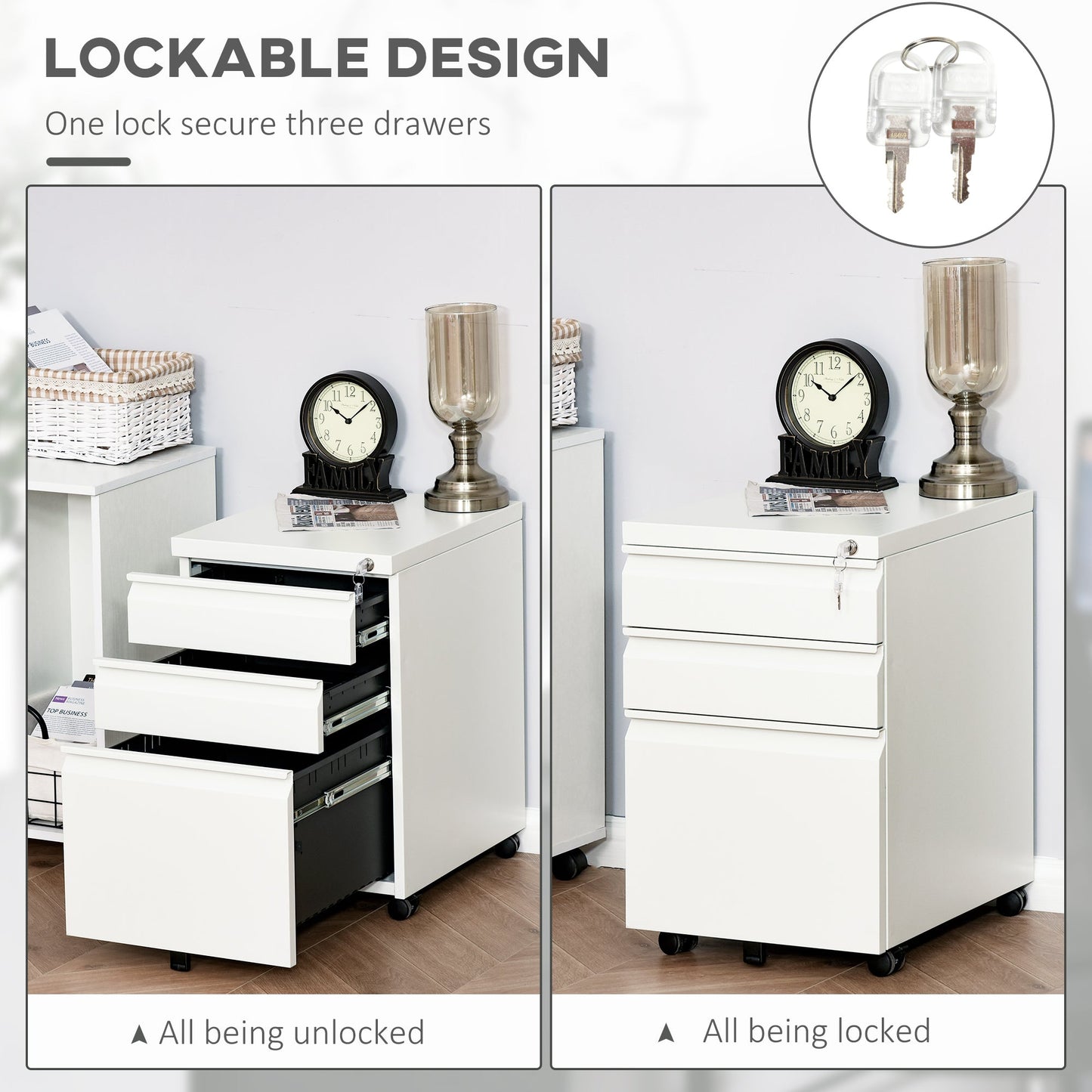 Vinsetto Mobile Vertical File Cabinet Lockable Metal Filling Cabinet with 3 Drawers Anti-tilt Design for Letter A4 Legal Size Fully Assembled Except Casters White