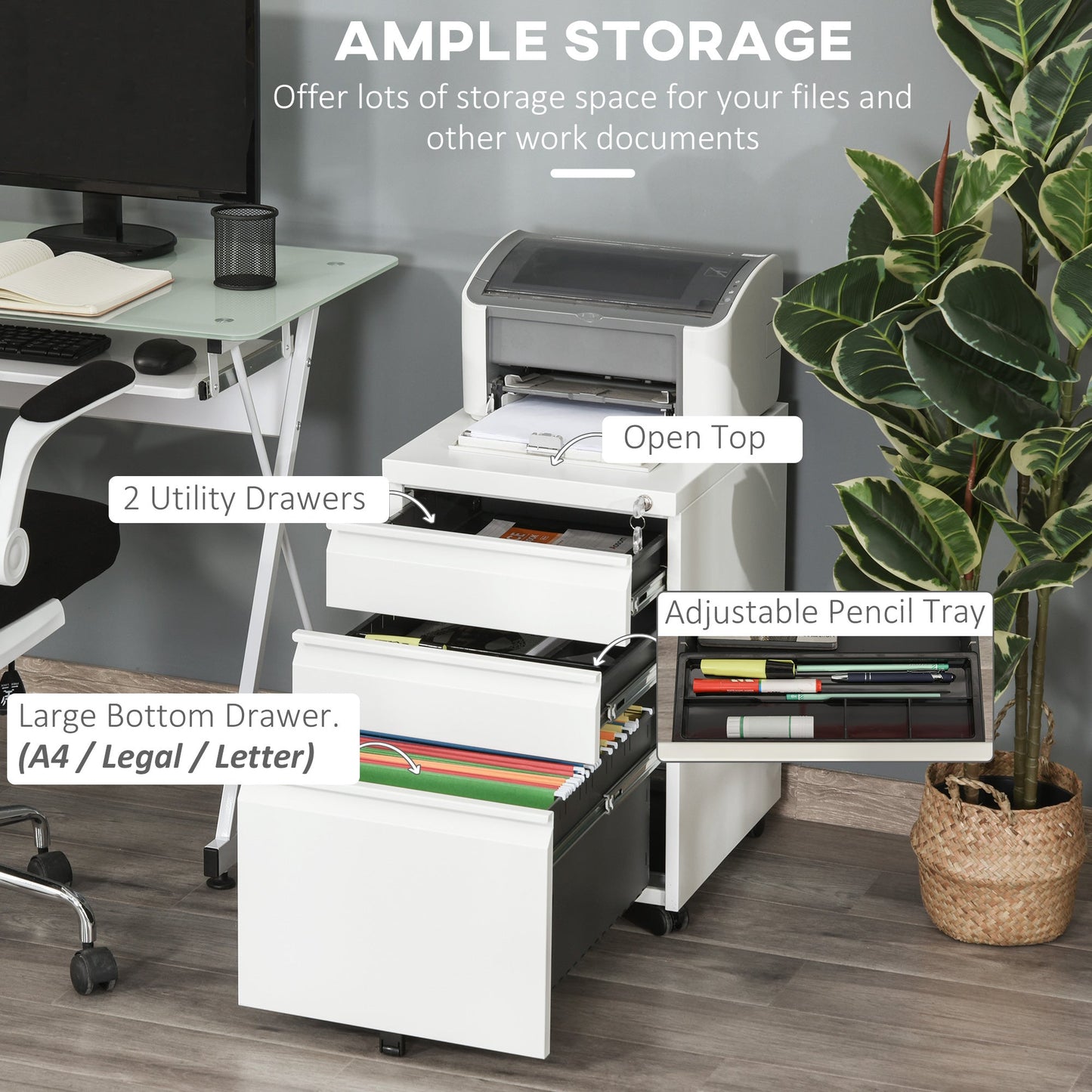 Vinsetto Mobile Vertical File Cabinet Lockable Metal Filling Cabinet with 3 Drawers Anti-tilt Design for Letter A4 Legal Size Fully Assembled Except Casters White