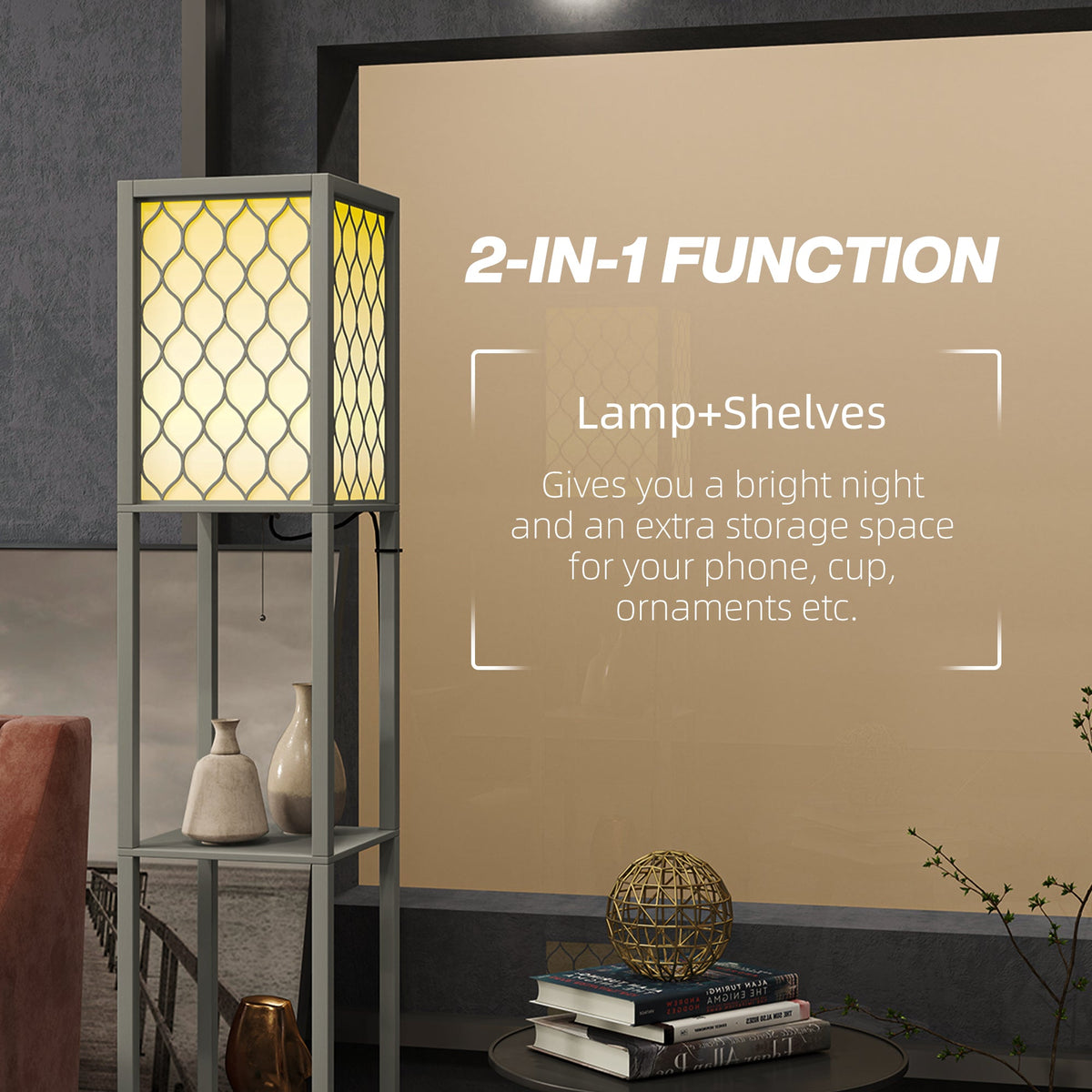 HOMCOM Floor Lamp with Shelves, Dual Light, Modern Tall Standing Lamps for Living Room, Bedroom, with Pull Chain Switch, Bulb not Included, Light Grey
