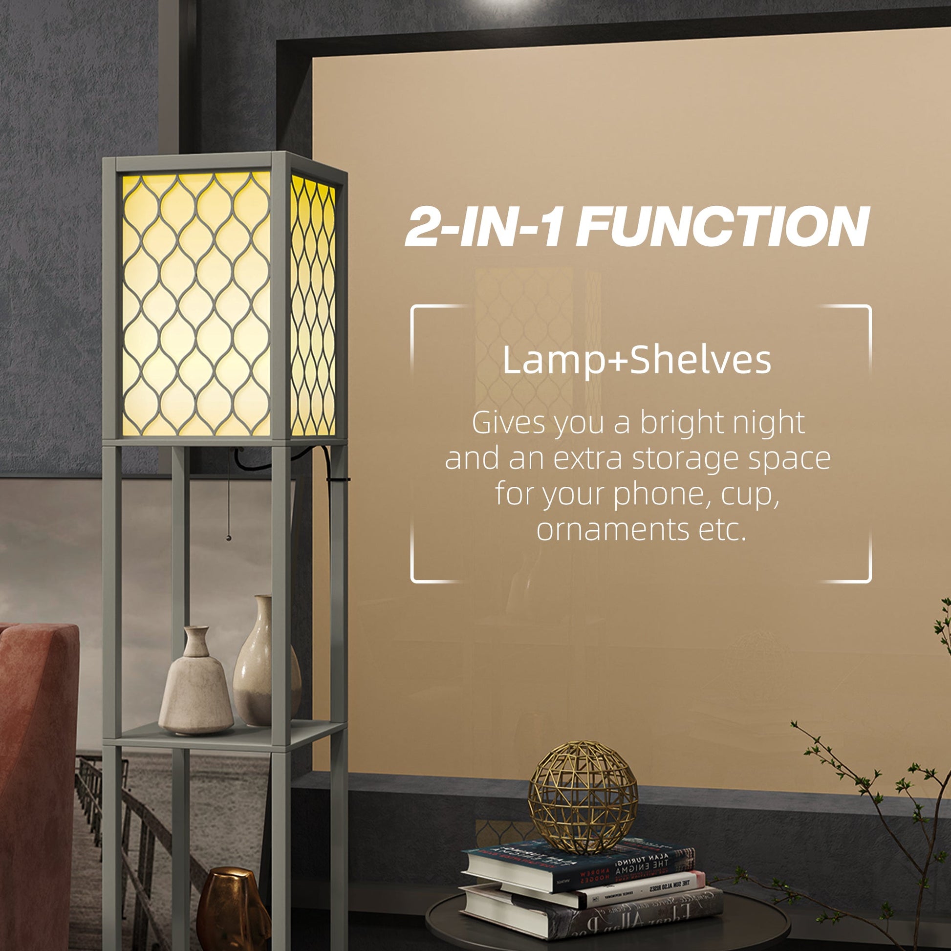 HOMCOM Floor Lamp with Shelves, Dual Light, Modern Tall Standing Lamps for Living Room, Bedroom, with Pull Chain Switch, Bulb not Included, Light Grey