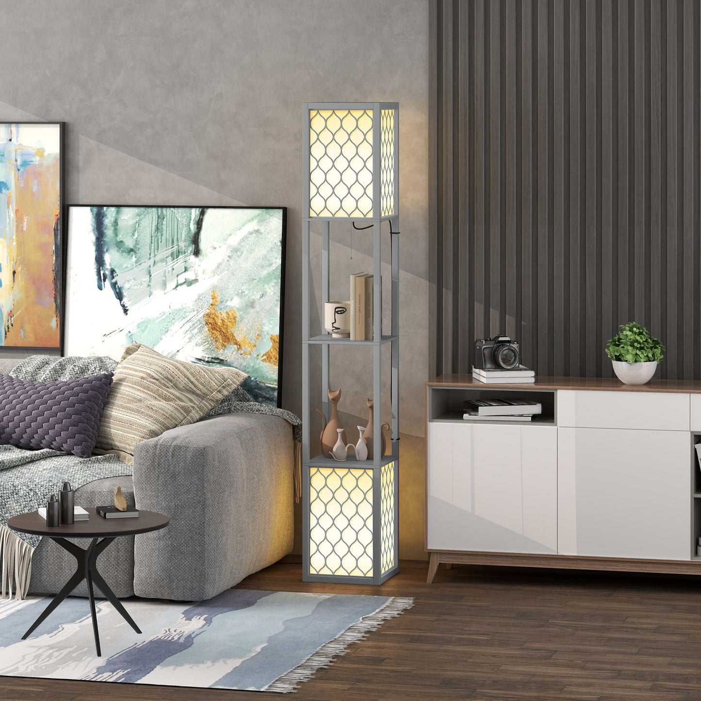 HOMCOM Floor Lamp with Shelves, Dual Light, Modern Tall Standing Lamps for Living Room, Bedroom, with Pull Chain Switch, Bulb not Included, Light Grey