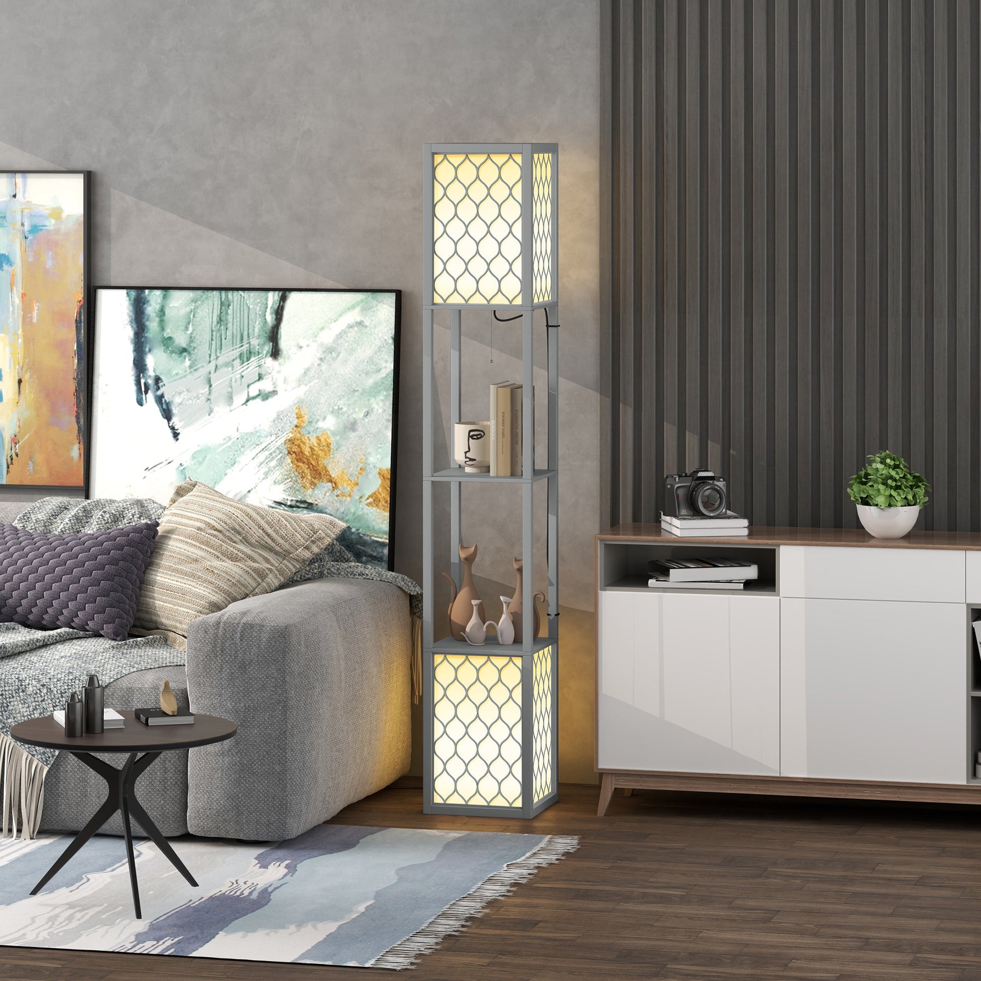 HOMCOM Floor Lamp with Shelves, Dual Light, Modern Tall Standing Lamps for Living Room, Bedroom, with Pull Chain Switch, Bulb not Included, Light Grey