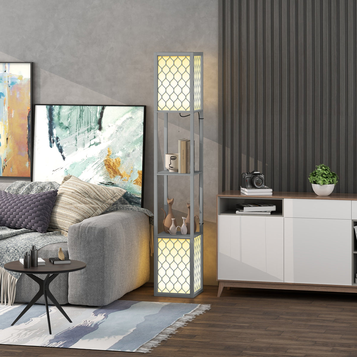 HOMCOM Floor Lamp with Shelves, Dual Light, Modern Tall Standing Lamps for Living Room, Bedroom, with Pull Chain Switch, Bulb not Included, Light Grey