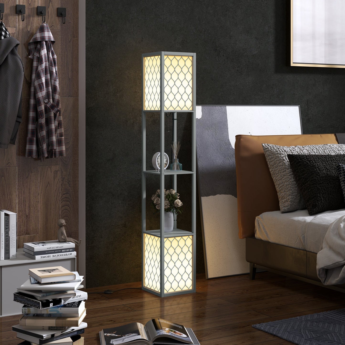 HOMCOM Floor Lamp with Shelves, Dual Light, Modern Tall Standing Lamps for Living Room, Bedroom, with Pull Chain Switch, Bulb not Included, Light Grey