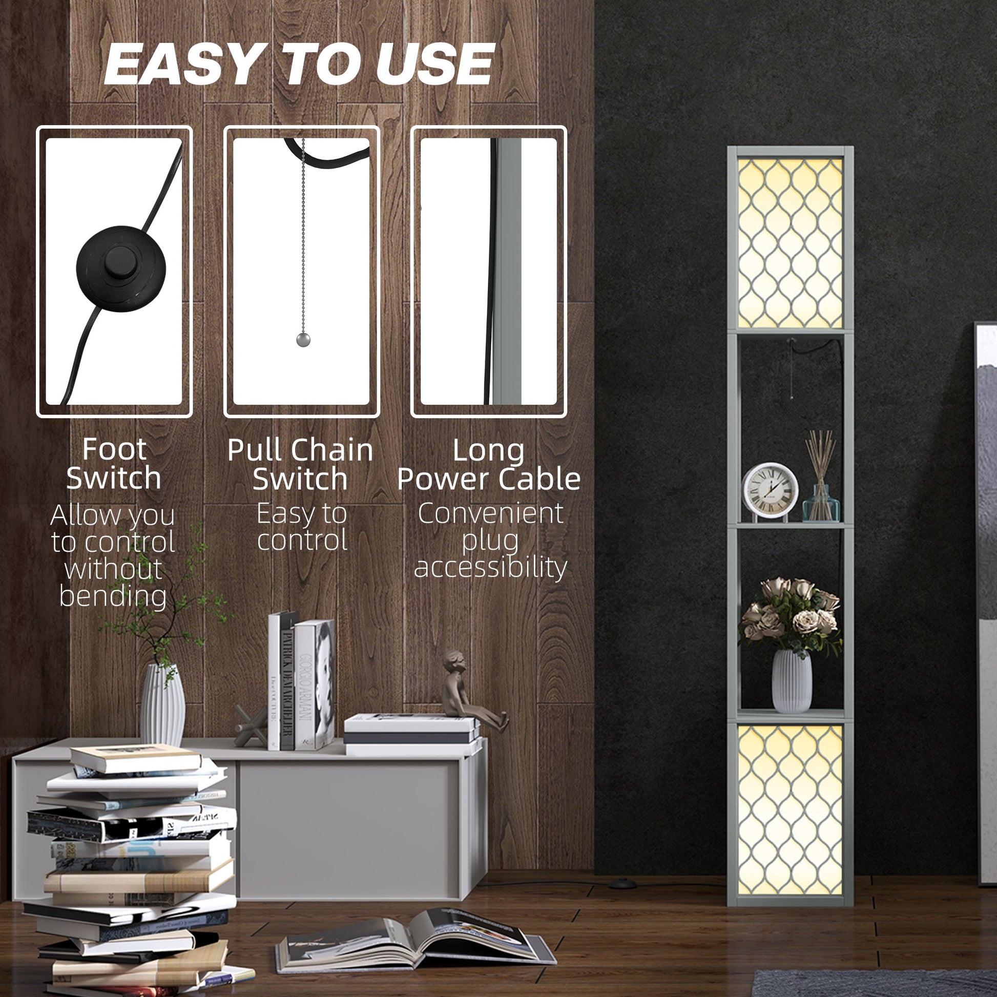 HOMCOM Floor Lamp with Shelves, Dual Light, Modern Tall Standing Lamps for Living Room, Bedroom, with Pull Chain Switch, Bulb not Included, Light Grey