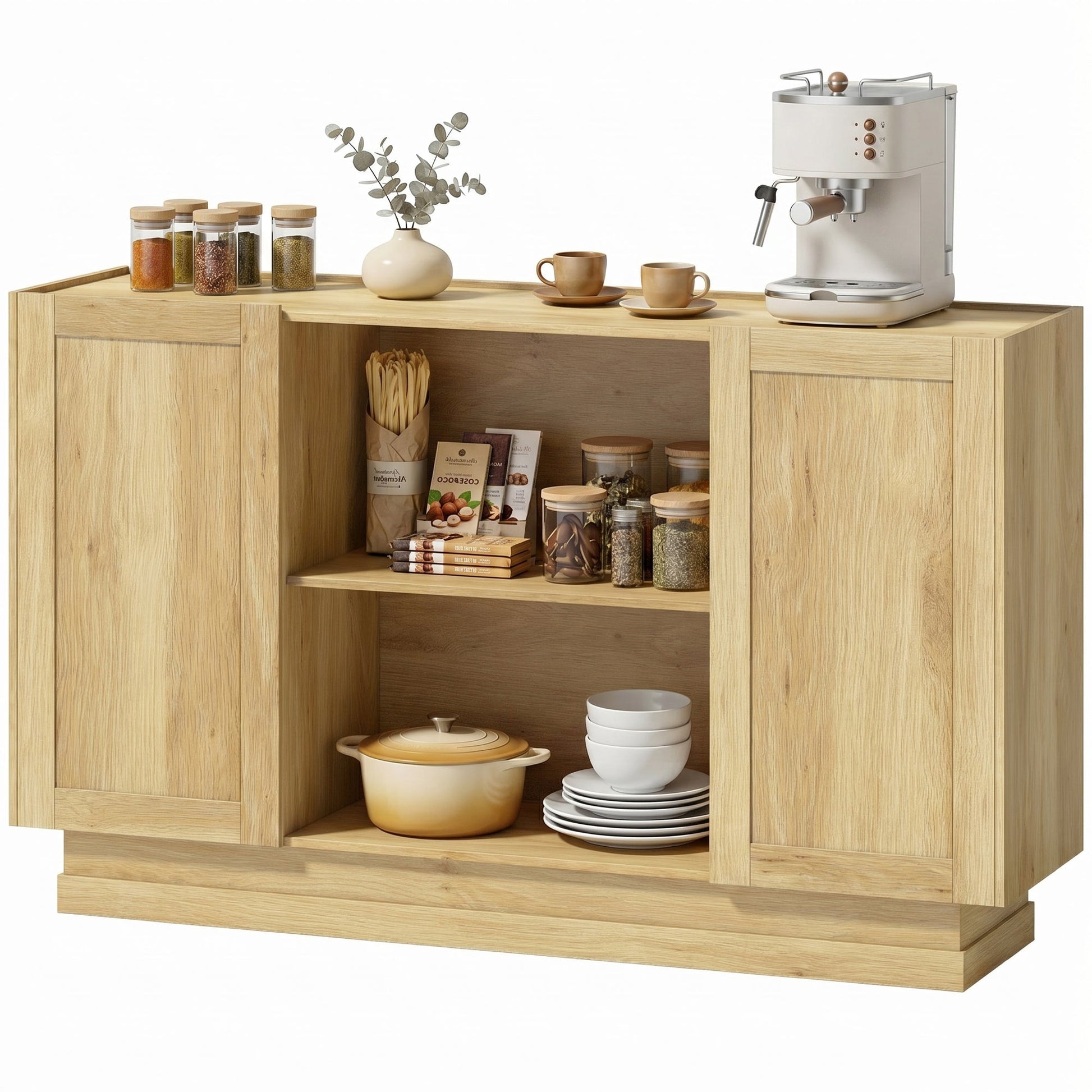 Sideboard Buffet Cabinet, 133 cm Modern Farmhouse Storage Cabinet with 2 Open Shelves, 2 Cupboards and Soft Close Doors for Dining Room, Living Room, Natural Wood Finish