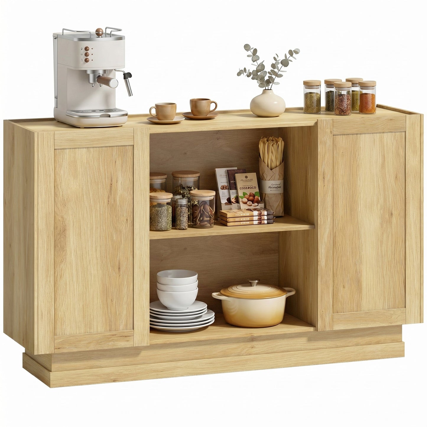 Sideboard Buffet Cabinet, 133 cm Modern Farmhouse Storage Cabinet with 2 Open Shelves, 2 Cupboards and Soft Close Doors for Dining Room, Living Room, Natural Wood Finish