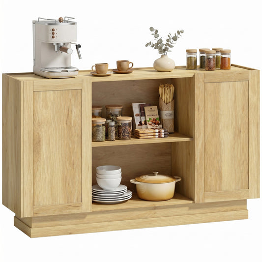 Sideboard Buffet Cabinet, 133 cm Modern Farmhouse Storage Cabinet with 2 Open Shelves, 2 Cupboards and Soft Close Doors for Dining Room, Living Room, Natural Wood Finish
