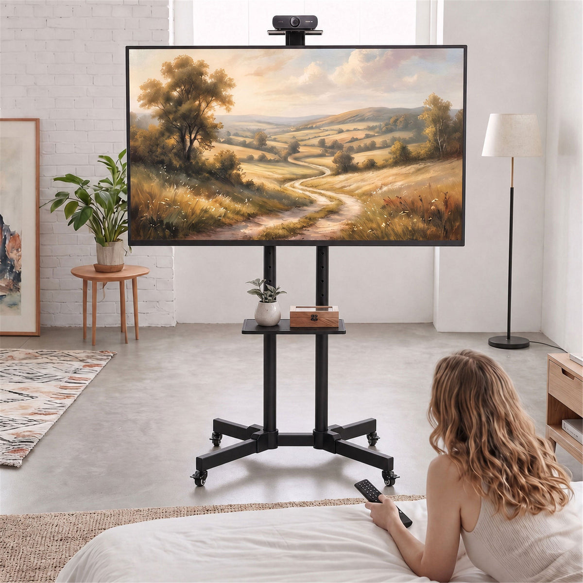 Mobile TV Stand on Wheels for 32-75 Inch Screens, Mobile TV Cart with Tilt, Height Adjustable, Locking Wheels, Camera Shelf & Media Shelf, Max VESA 400 x 600 mm, Black