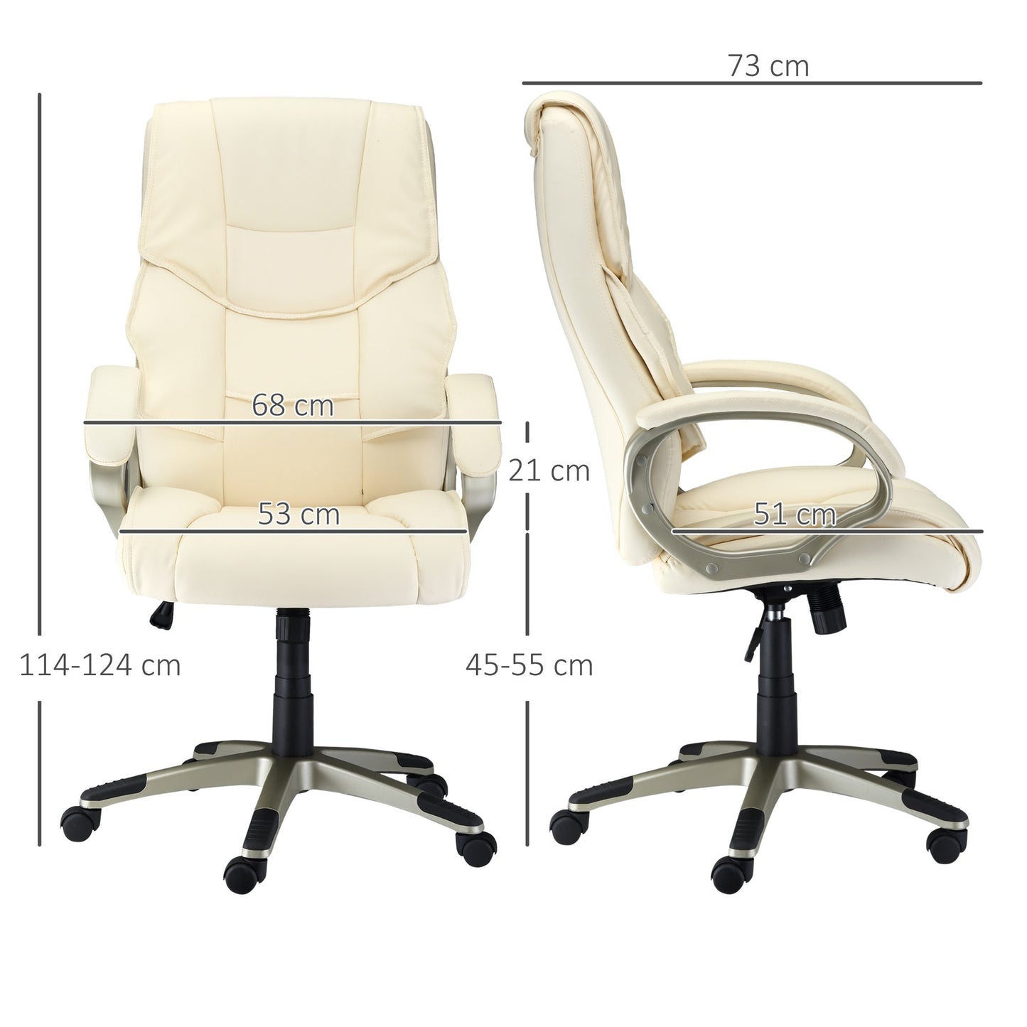 HOMCOM Office Chair, Computer Desk Chair, Faux Leather Swivel Chair with Adjustable Height, Padded Seat and Rolling Wheels for Home Study and Work, Cream White