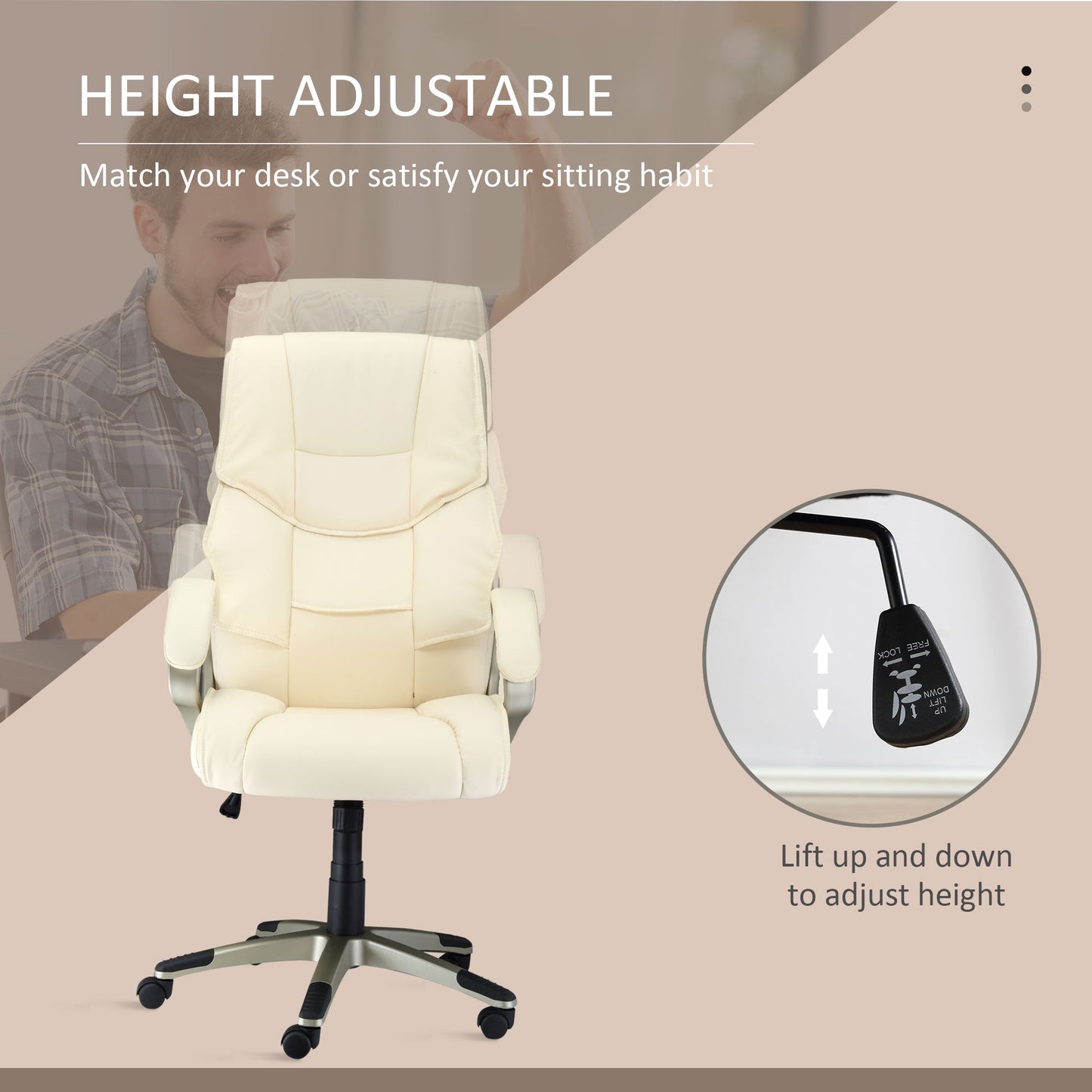 HOMCOM Office Chair, Computer Desk Chair, Faux Leather Swivel Chair with Adjustable Height, Padded Seat and Rolling Wheels for Home Study and Work, Cream White