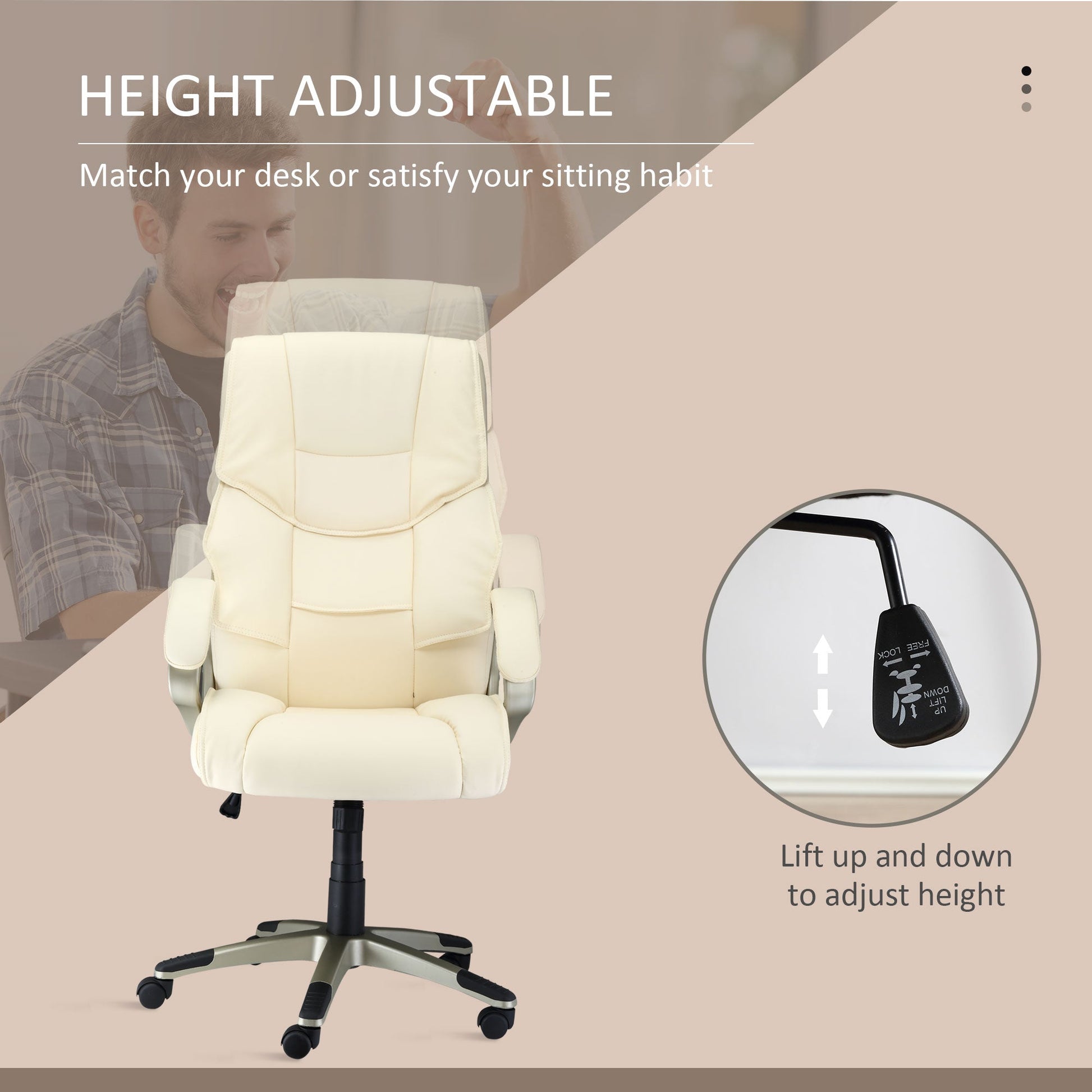 HOMCOM Office Chair, Computer Desk Chair, Faux Leather Swivel Chair with Adjustable Height, Padded Seat and Rolling Wheels for Home Study and Work, Cream White