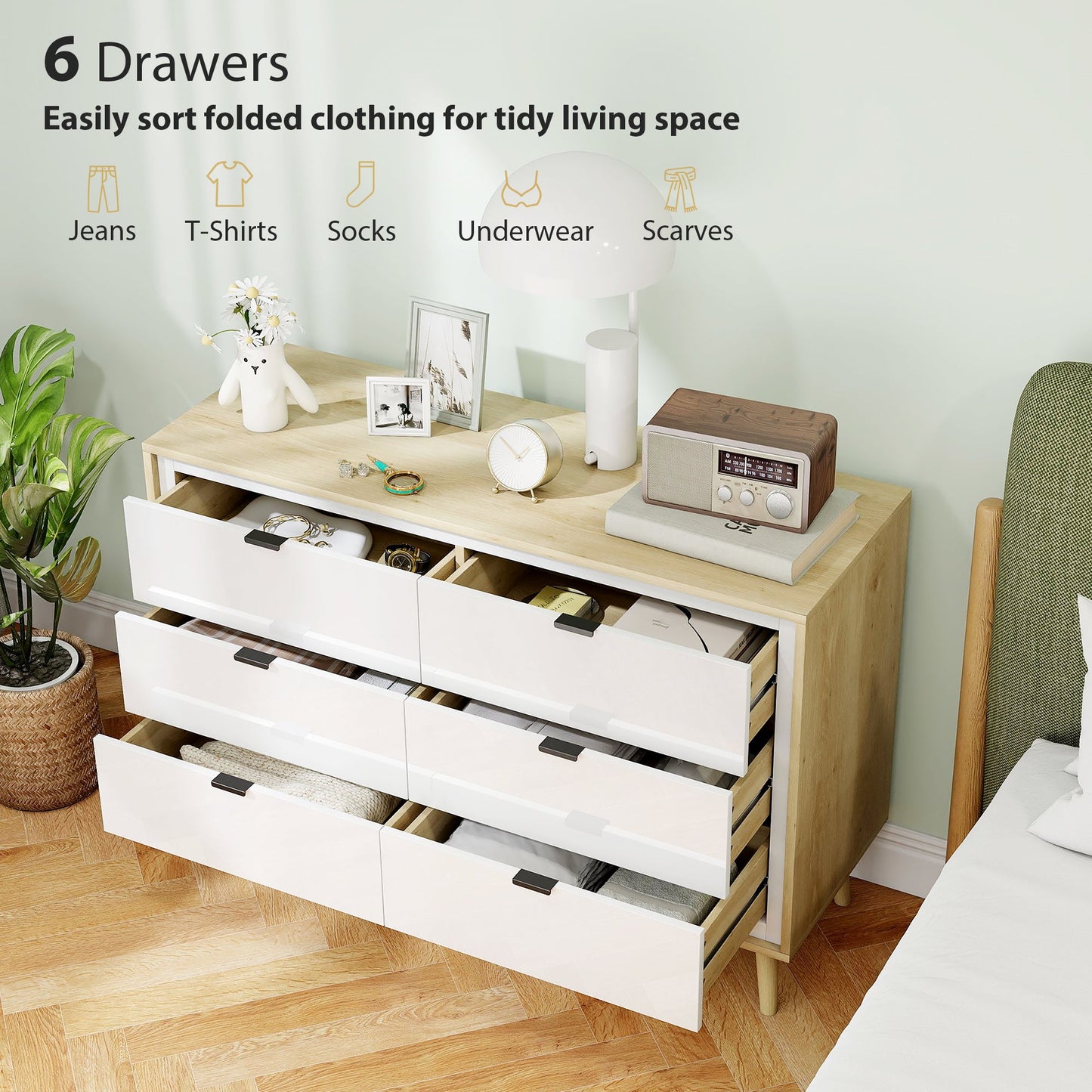 Chest of Drawers, 6 Drawer Dresser, Storage Cabinet with 6  Drawers and 5 Legs for Bedroom, Living Room,  High Gloss White
