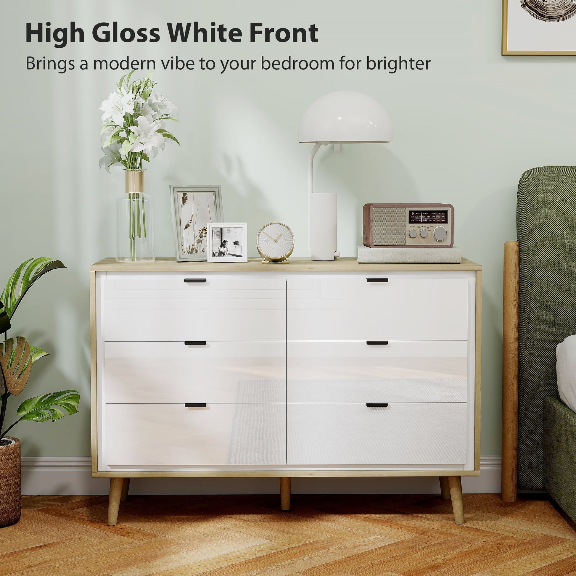 Chest of Drawers, 6 Drawer Dresser, Storage Cabinet with 6  Drawers and 5 Legs for Bedroom, Living Room,  High Gloss White