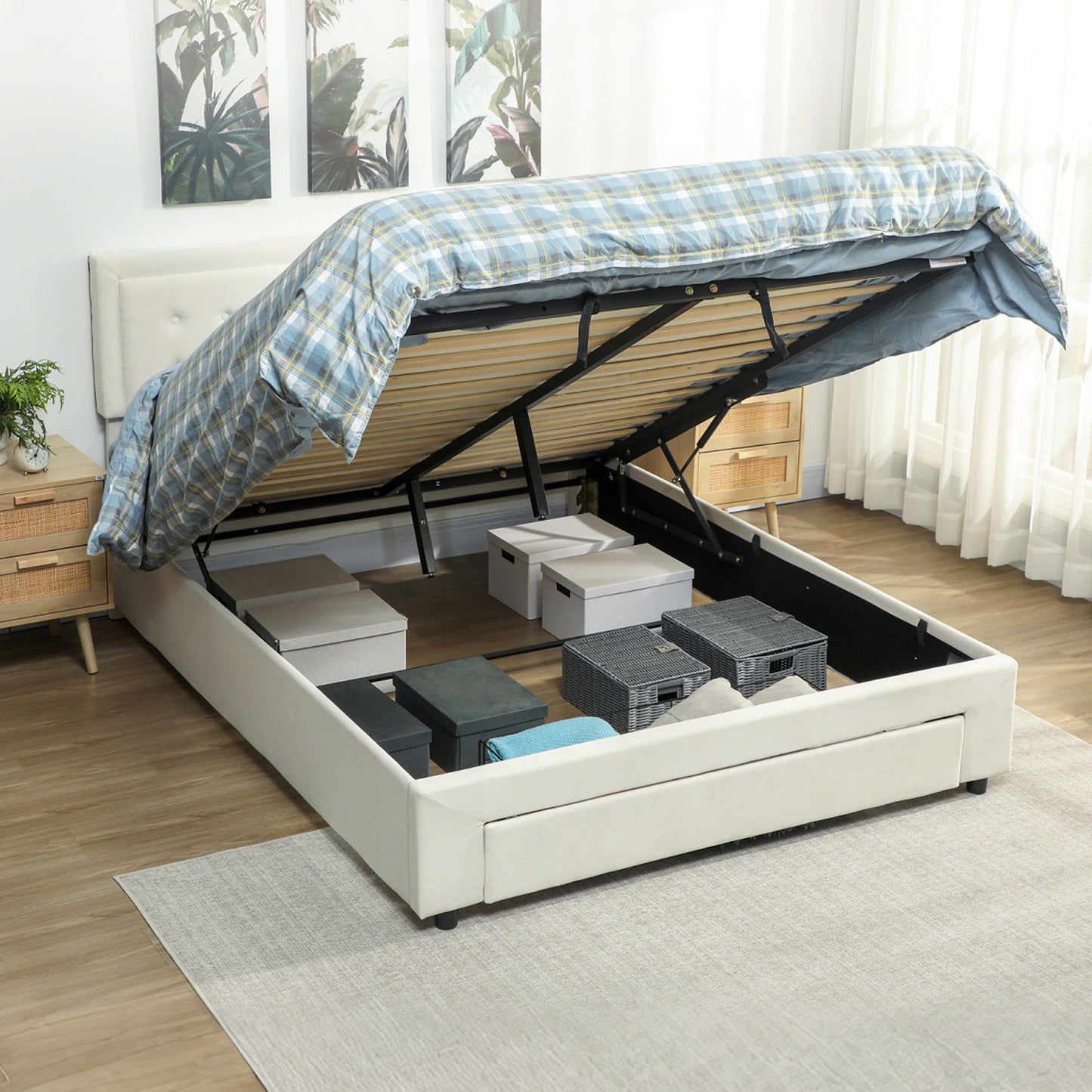 King Size Ottoman Bed Frame, 5ft Gas Lift Storage Bed with 2-Level Adjustable Velvet Upholstered Headboard, Wheeled Drawer and Wooden Slats, No Mattress, Cream White