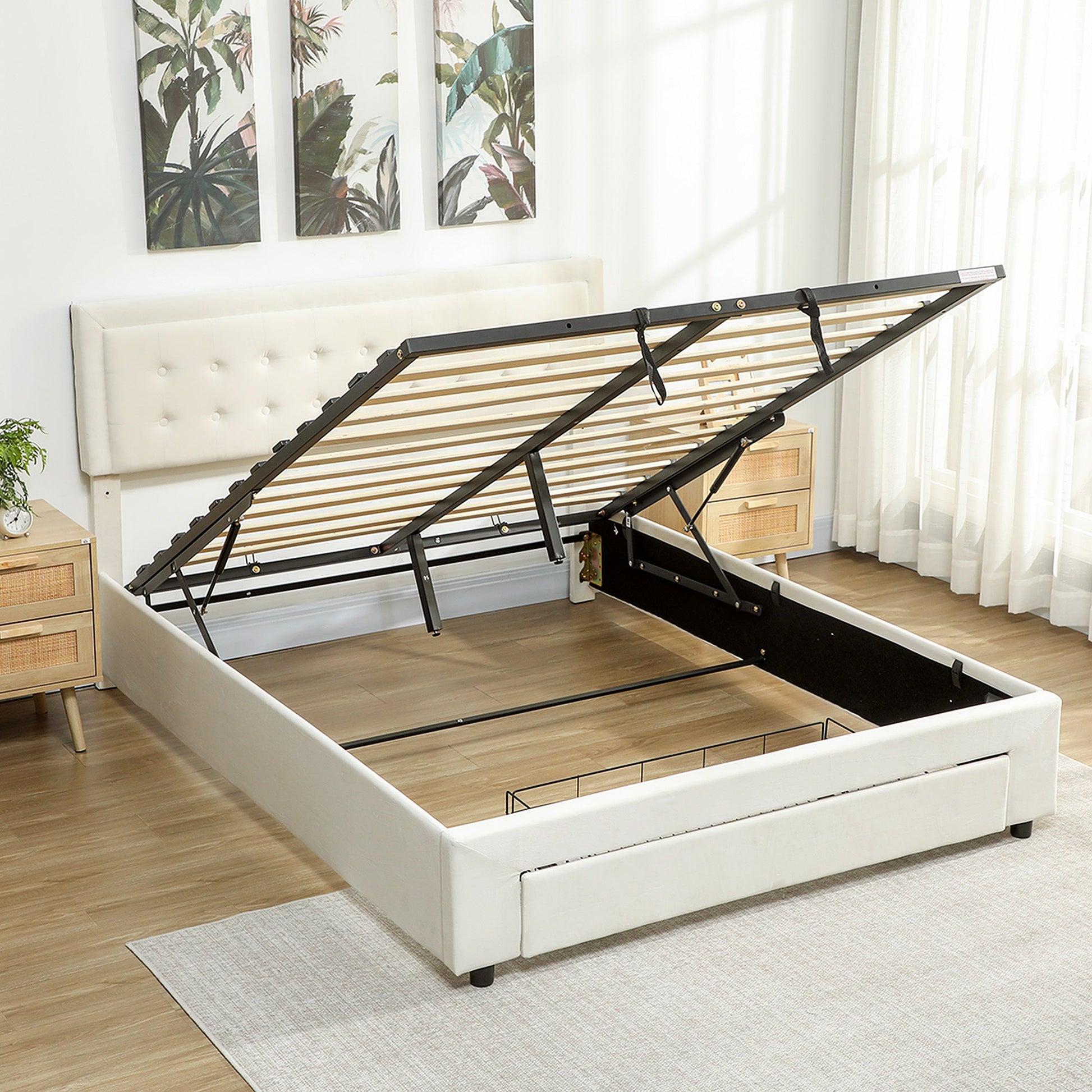 King Size Ottoman Bed Frame, 5ft Gas Lift Storage Bed with 2-Level Adjustable Velvet Upholstered Headboard, Wheeled Drawer and Wooden Slats, No Mattress, Cream White