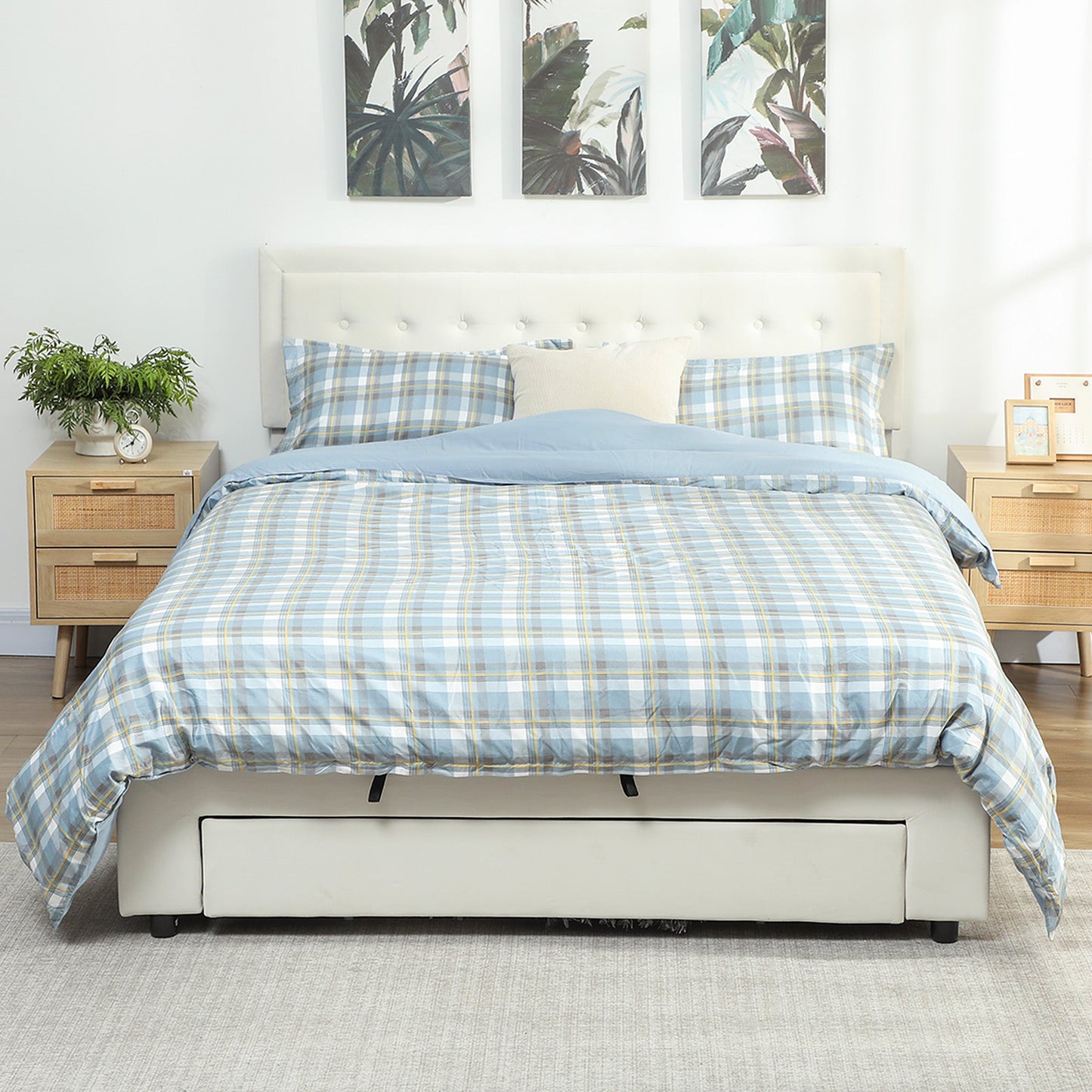 King Size Ottoman Bed Frame, 5ft Gas Lift Storage Bed with 2-Level Adjustable Velvet Upholstered Headboard, Wheeled Drawer and Wooden Slats, No Mattress, Cream White